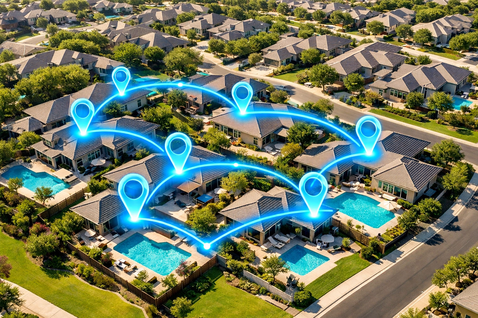 Pool routes for sale map image showing efficient route density in a neighborhood for a business sale.