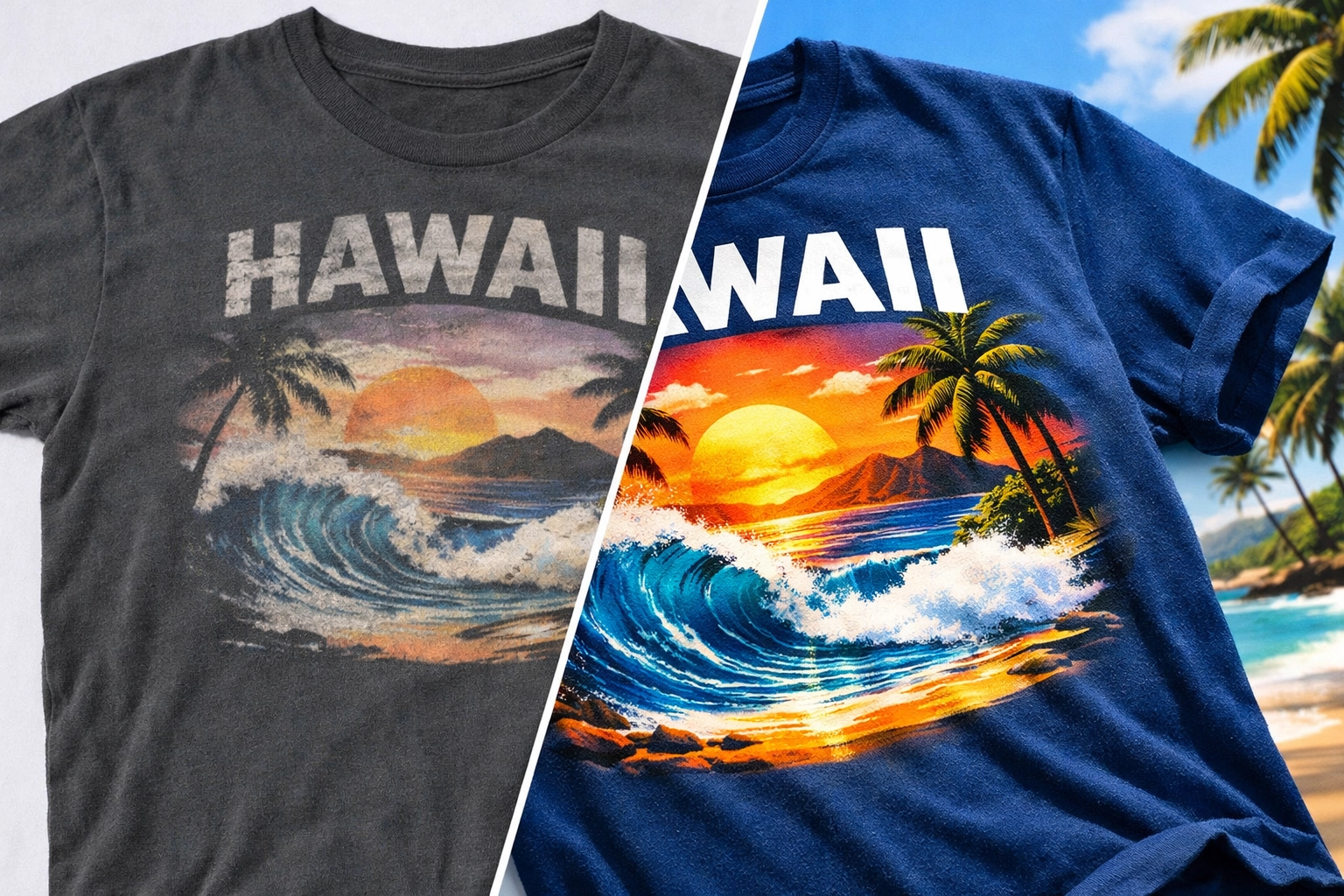 Side-by-side comparison of poor quality mainland printed shirt versus high-quality Kona custom t-shirt