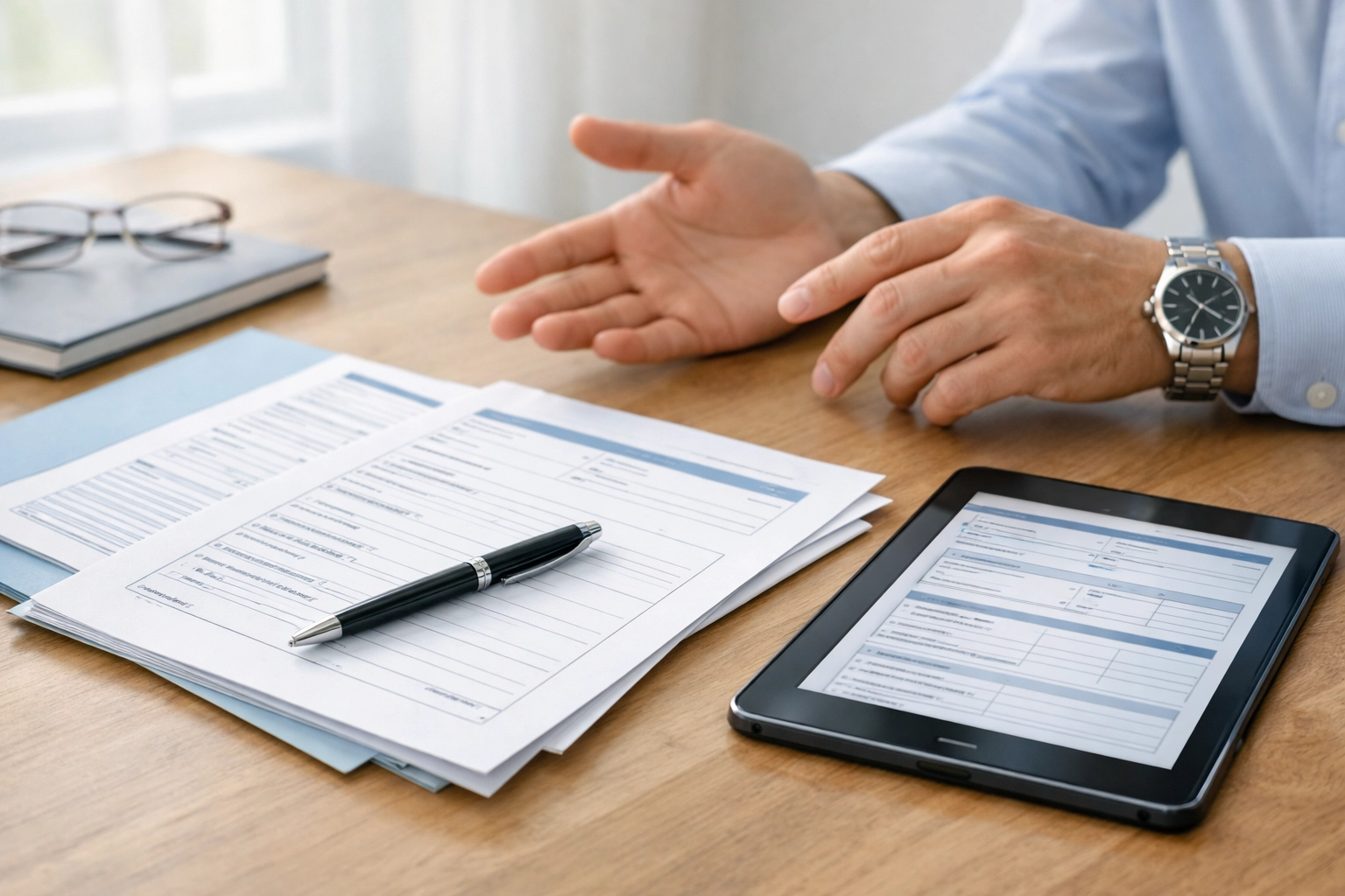 Title company professionals reviewing FinCEN closing documents and settlement paperwork