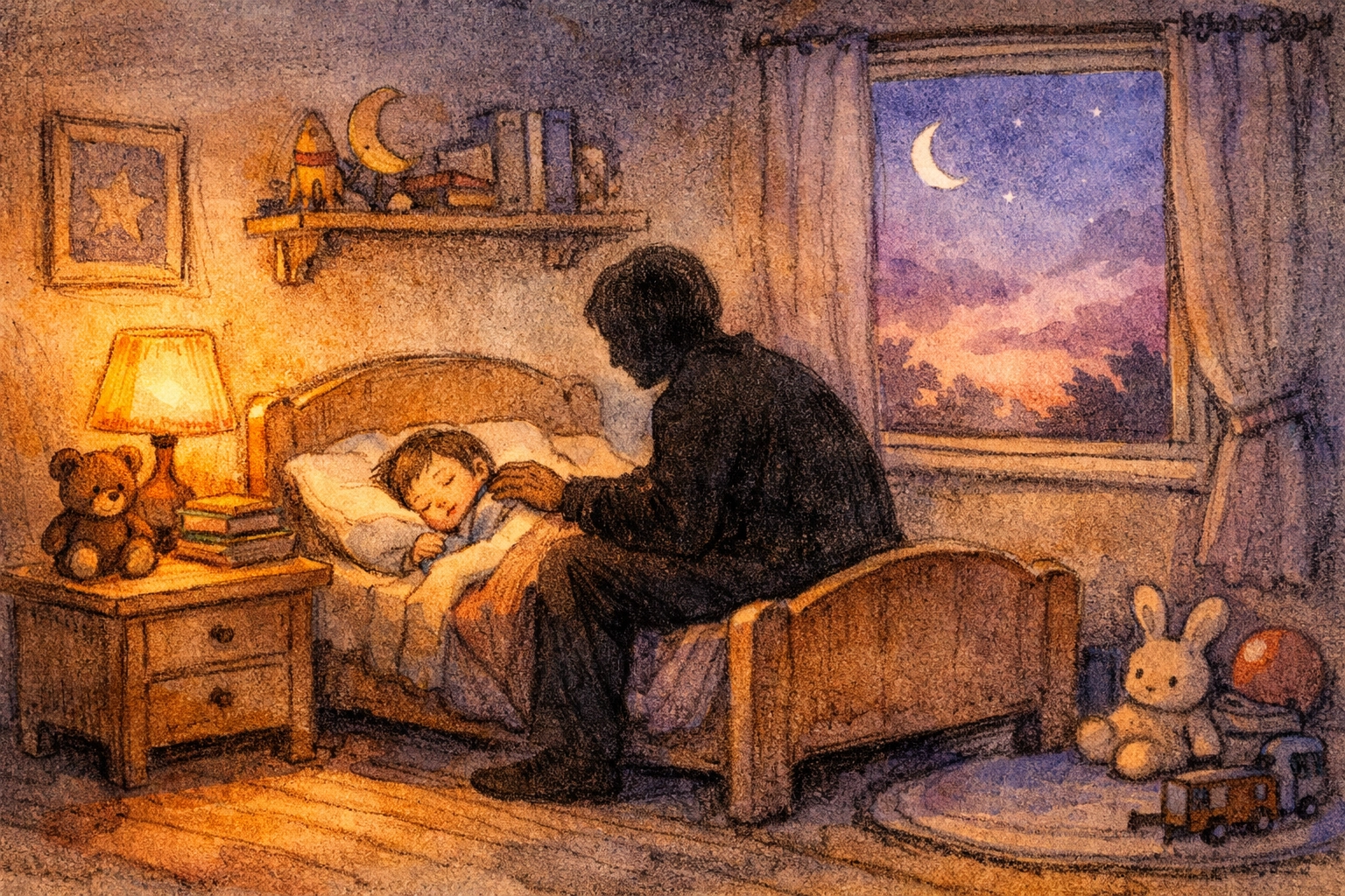 Parent sitting beside peaceful sleeping child in cozy bedroom at bedtime