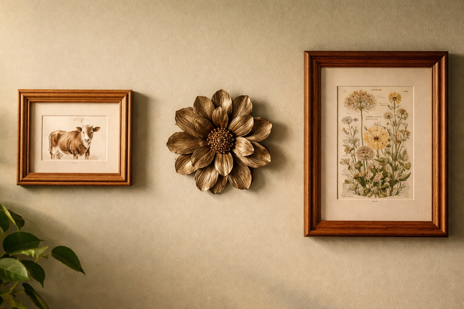 Close-up of negative space between cow illustration, metal flower art, and botanical print in wooden frames on a sage wall
