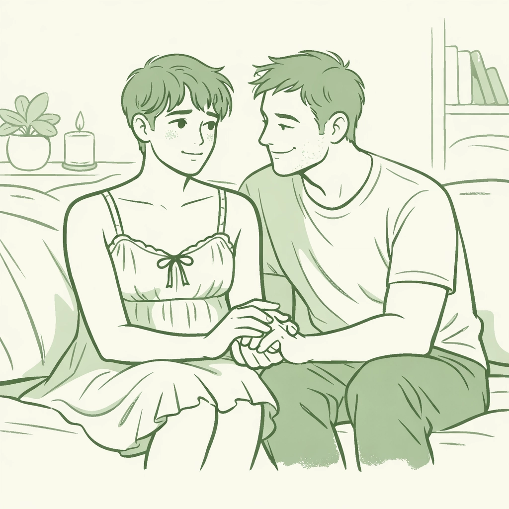 Gay couple sharing supportive moment as one partner cross-dresses at home