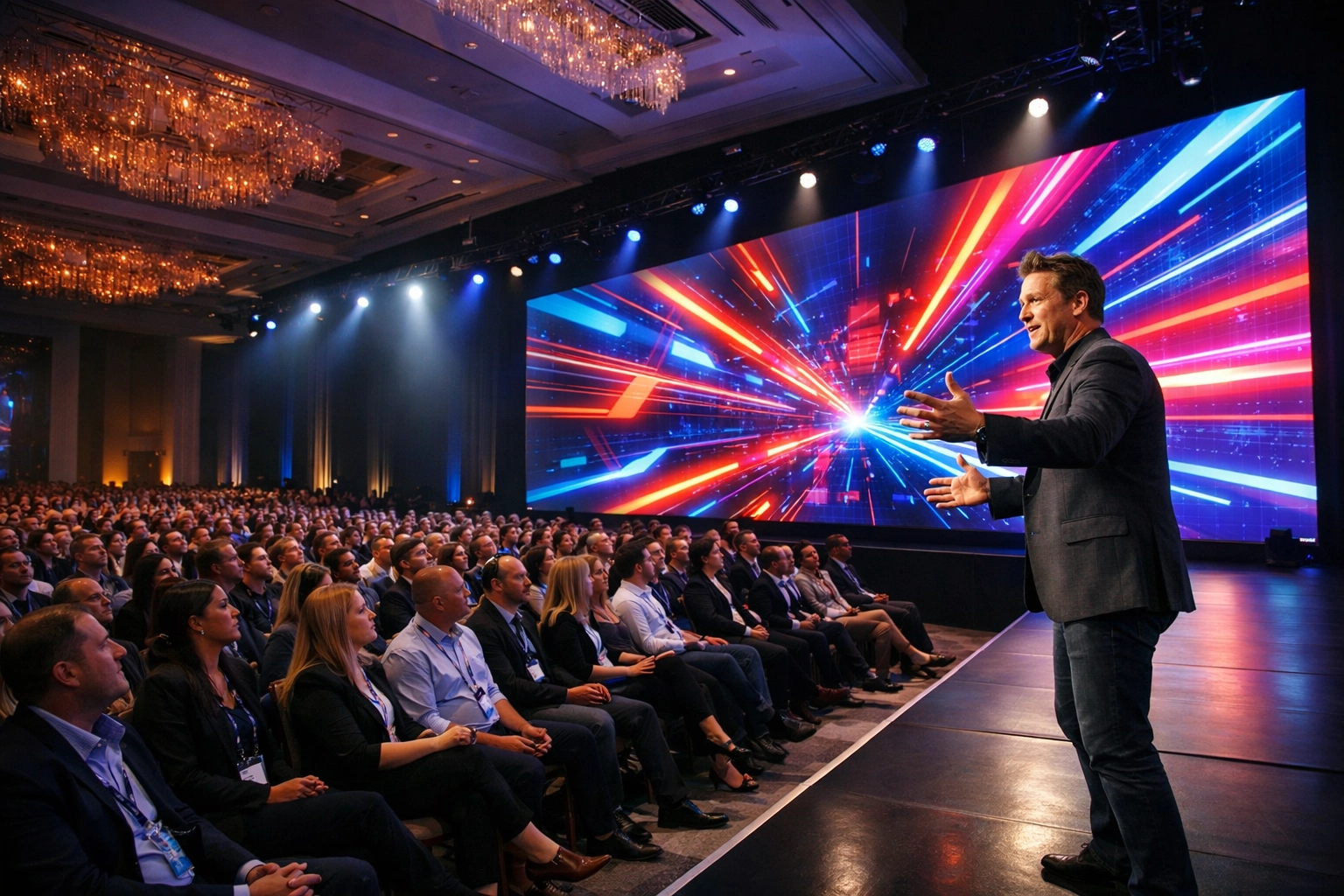 Corporate event photographer capturing a passionate keynote speaker at a major Miami business conference.