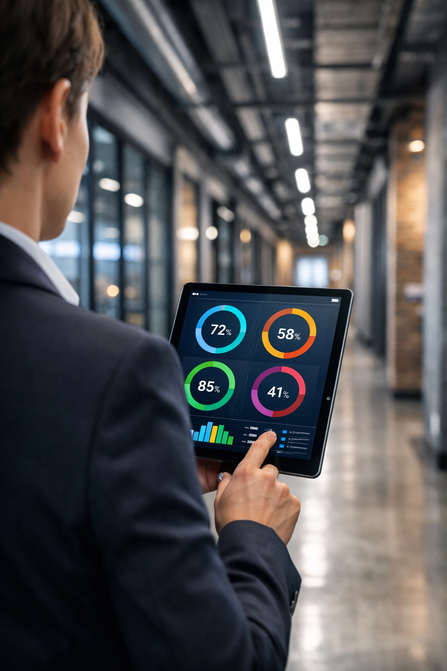 Indianapolis property manager using a tablet to monitor facility data and maintenance schedules.