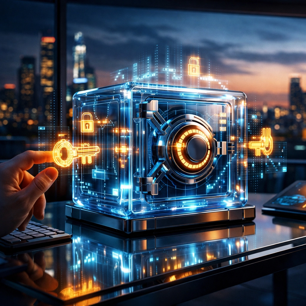 Secure digital vault representing Larecoin self-custody merchant accounts and Web3 financial sovereignty.