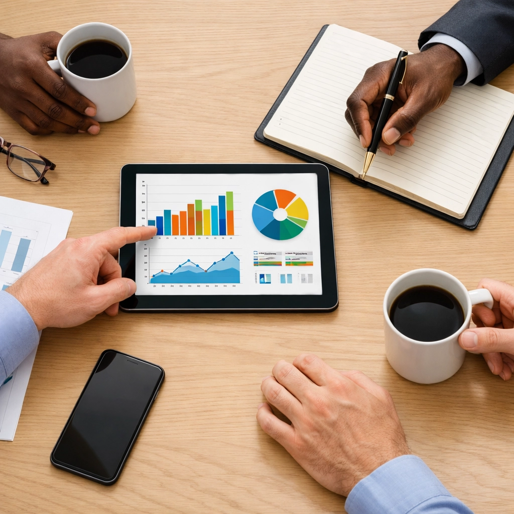 Collaborative team reviewing a ServiceNow ROI dashboard and performance KPIs in a modern office.