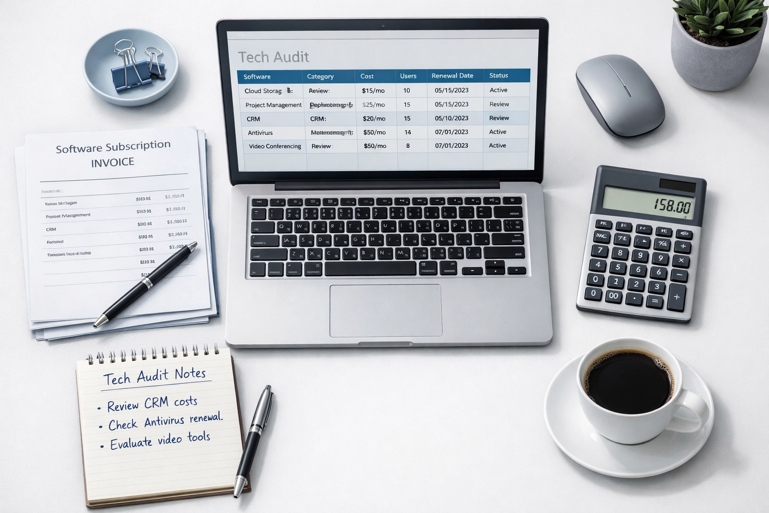 Organized tech stack audit workspace with laptop, invoices, and calculator for ROI analysis
