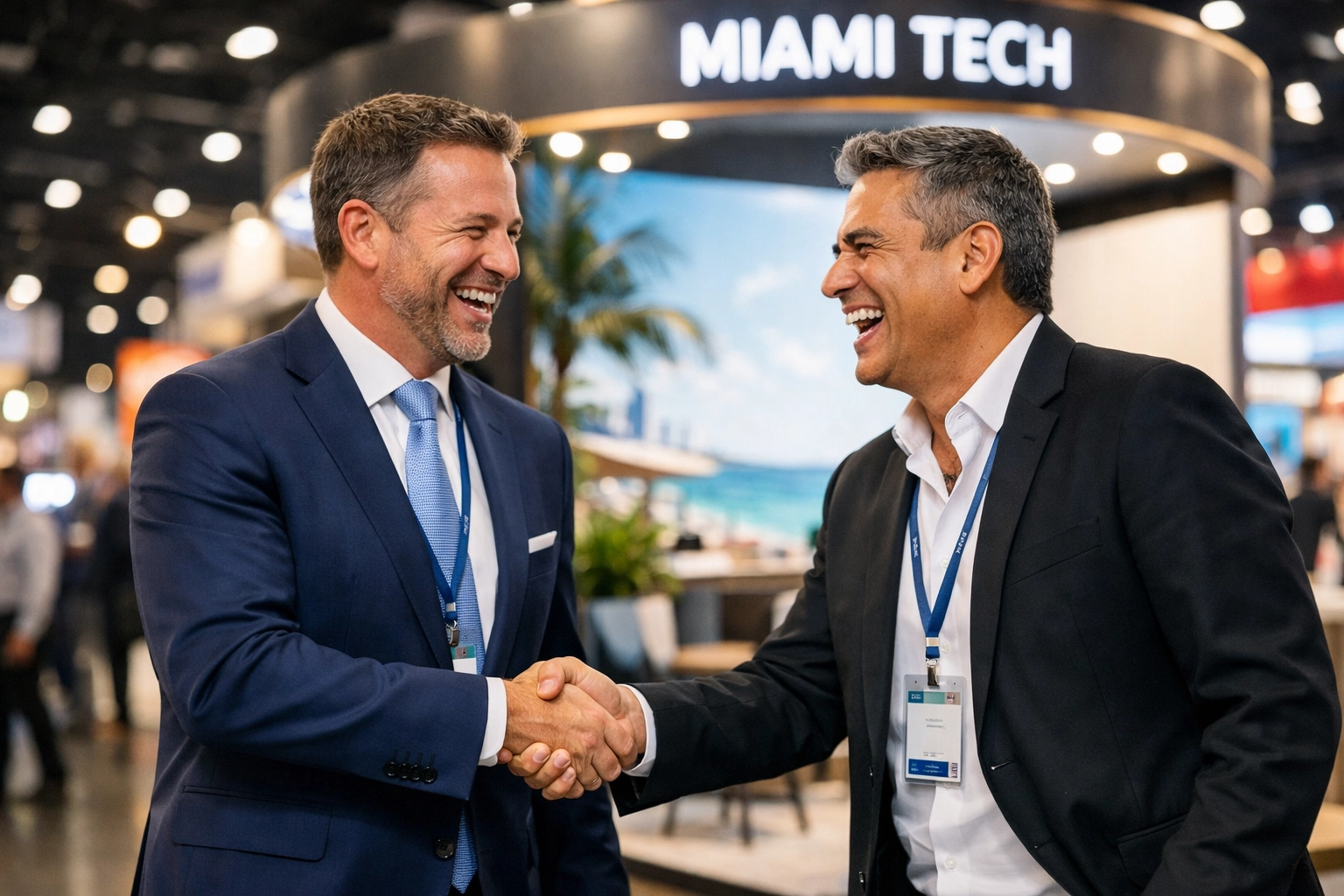 Two business executives shaking hands at a modern Miami trade show booth captured by an event photographer.