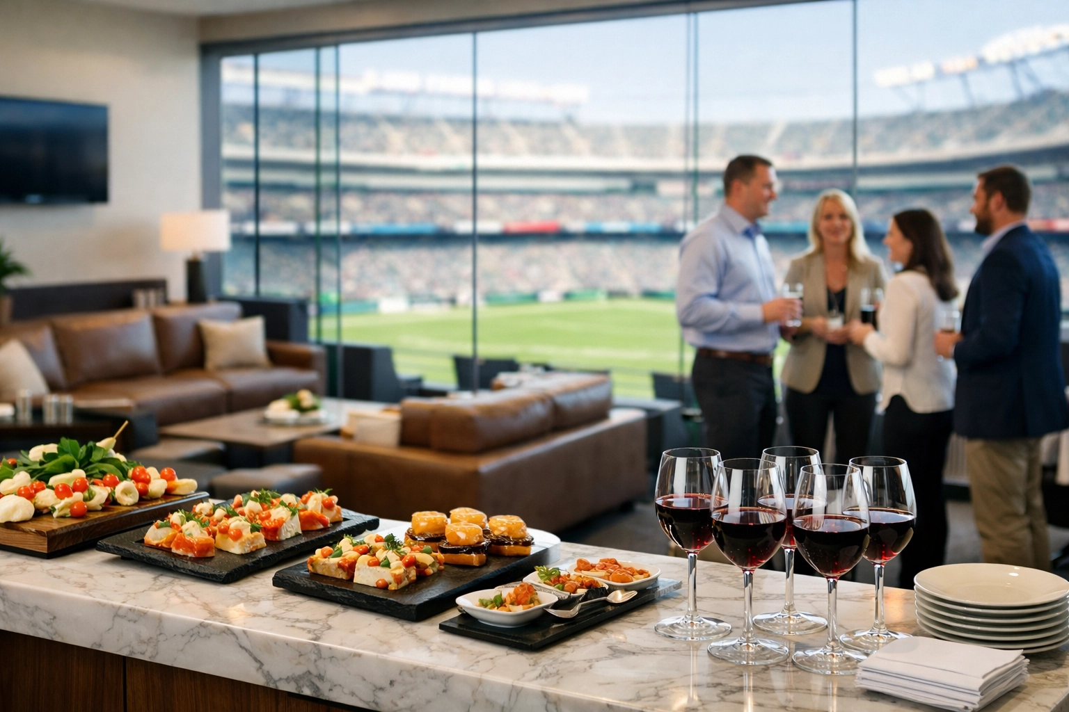 Luxury Super Bowl hospitality suite with gourmet catering and VIP executive hosting.