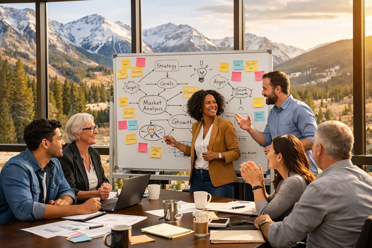 Strategic planning session at Colorado-based media consulting firm with mountain view backdrop