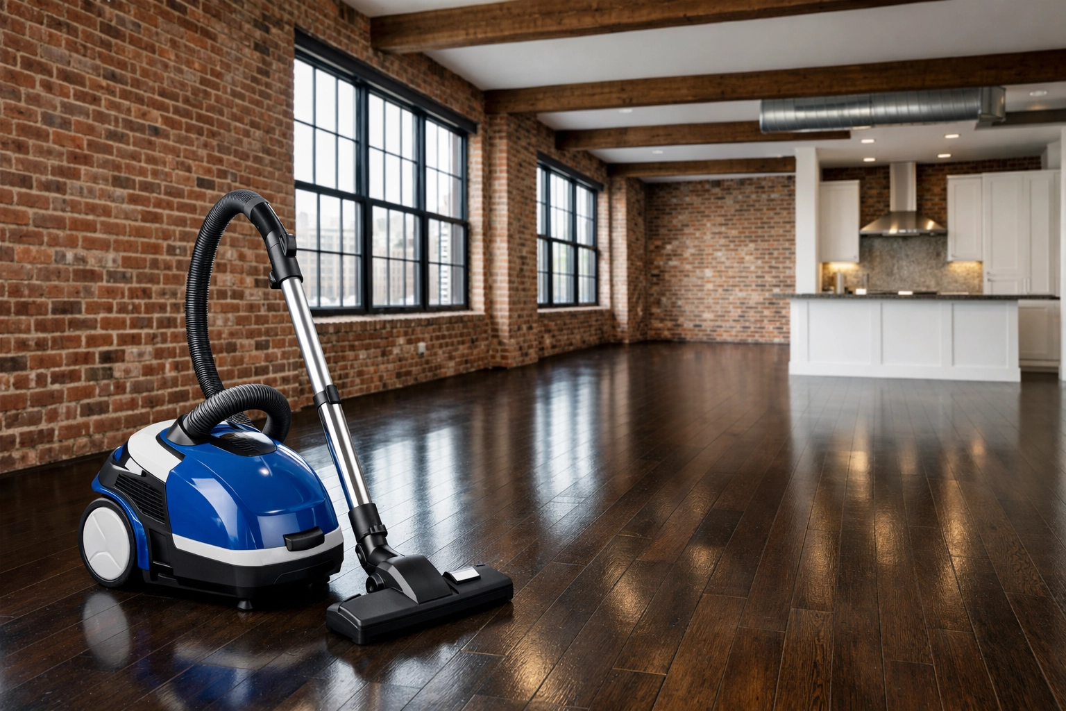 Post-construction deep cleaning services in a Boston loft featuring a HEPA-filter vacuum on hardwood floors.