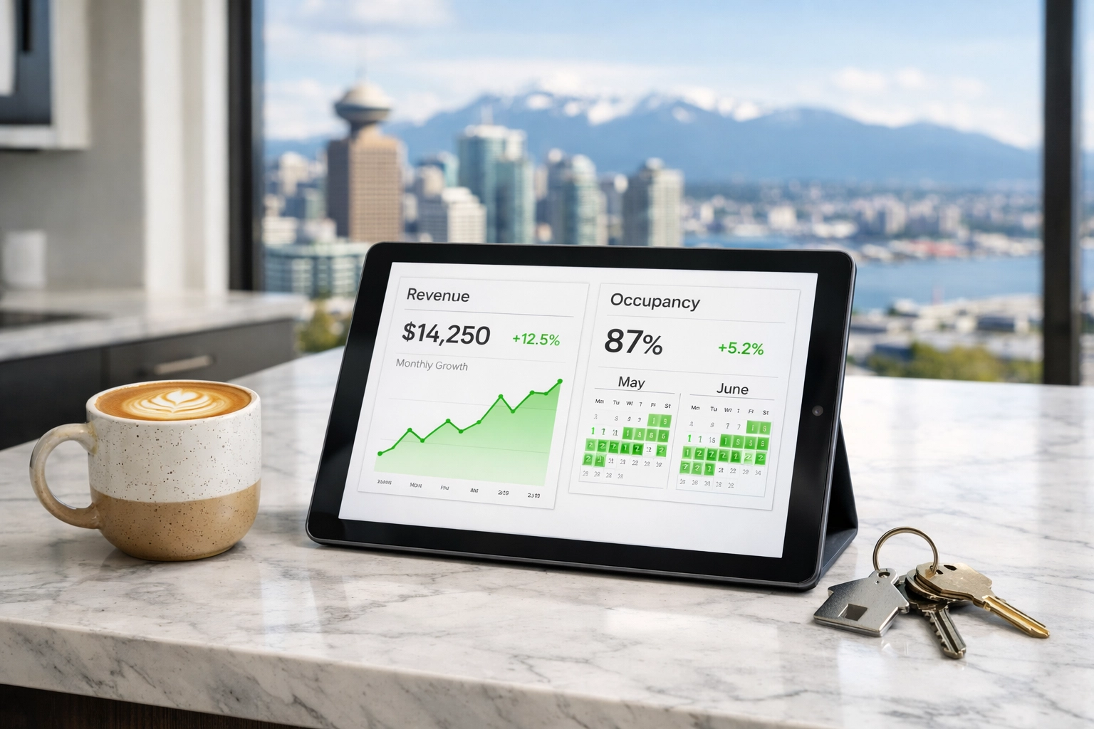 Tablet displaying a financial dashboard with dynamic pricing data for Vancouver property management on a marble island.