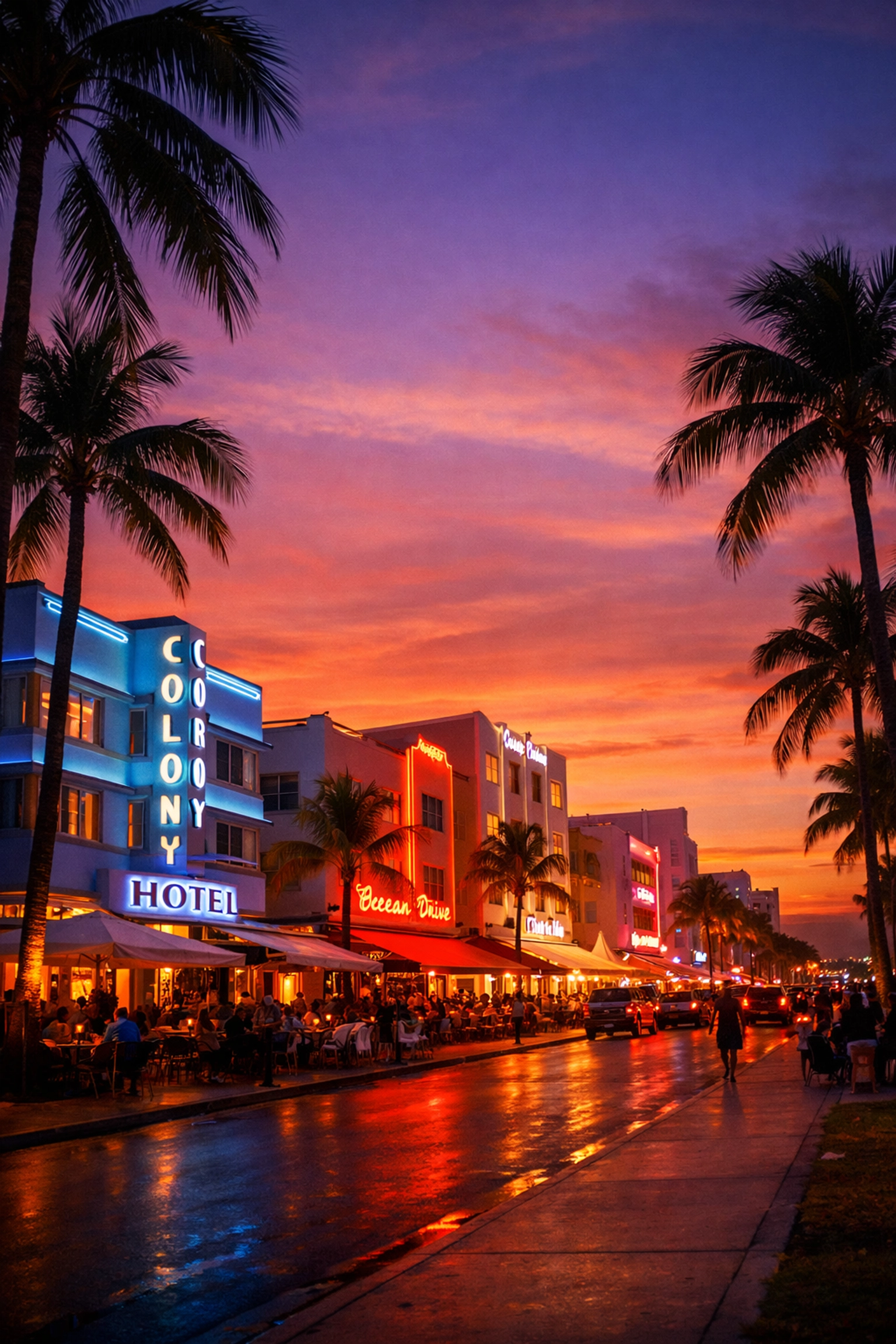 Iconic Art Deco district in South Beach during magic hour for professional Miami brand photography spots.