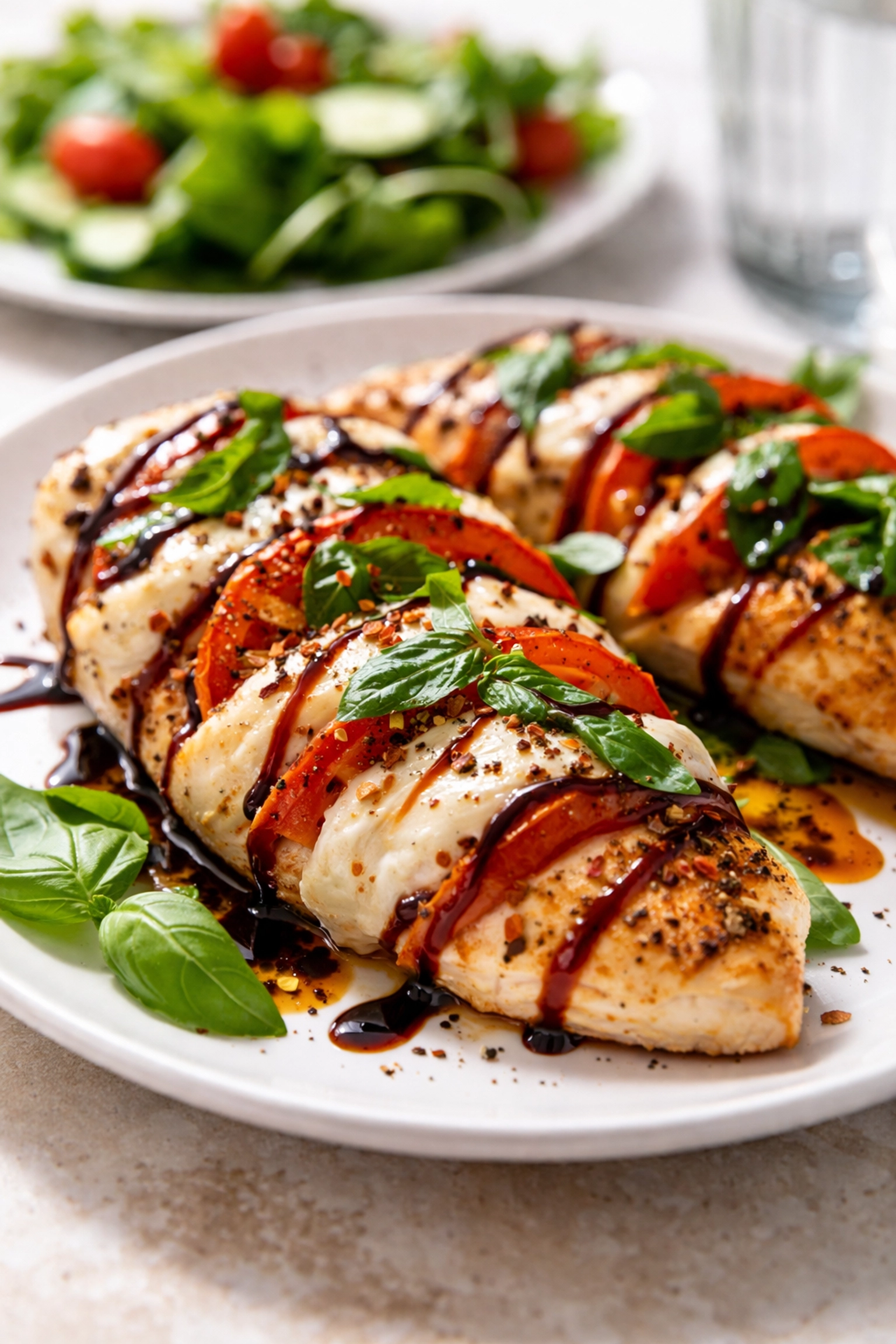 Plated Caprese chicken bake