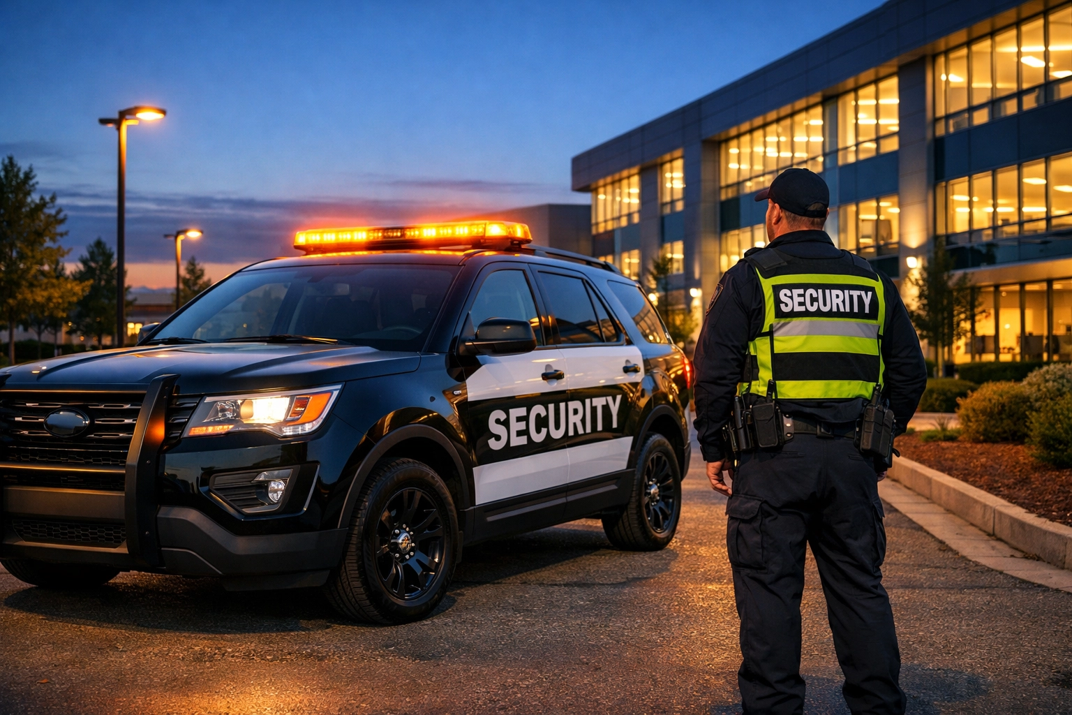 Mobile security patrol officer and vehicle providing a visible deterrent at a commercial site.