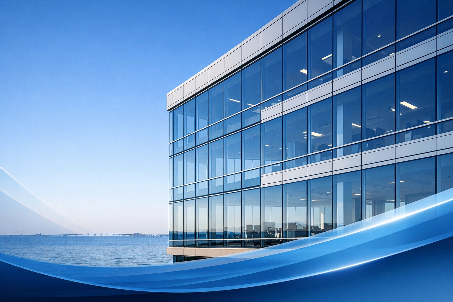 Modern glass office building in Hampton Roads representing professional legal services and divorce law.