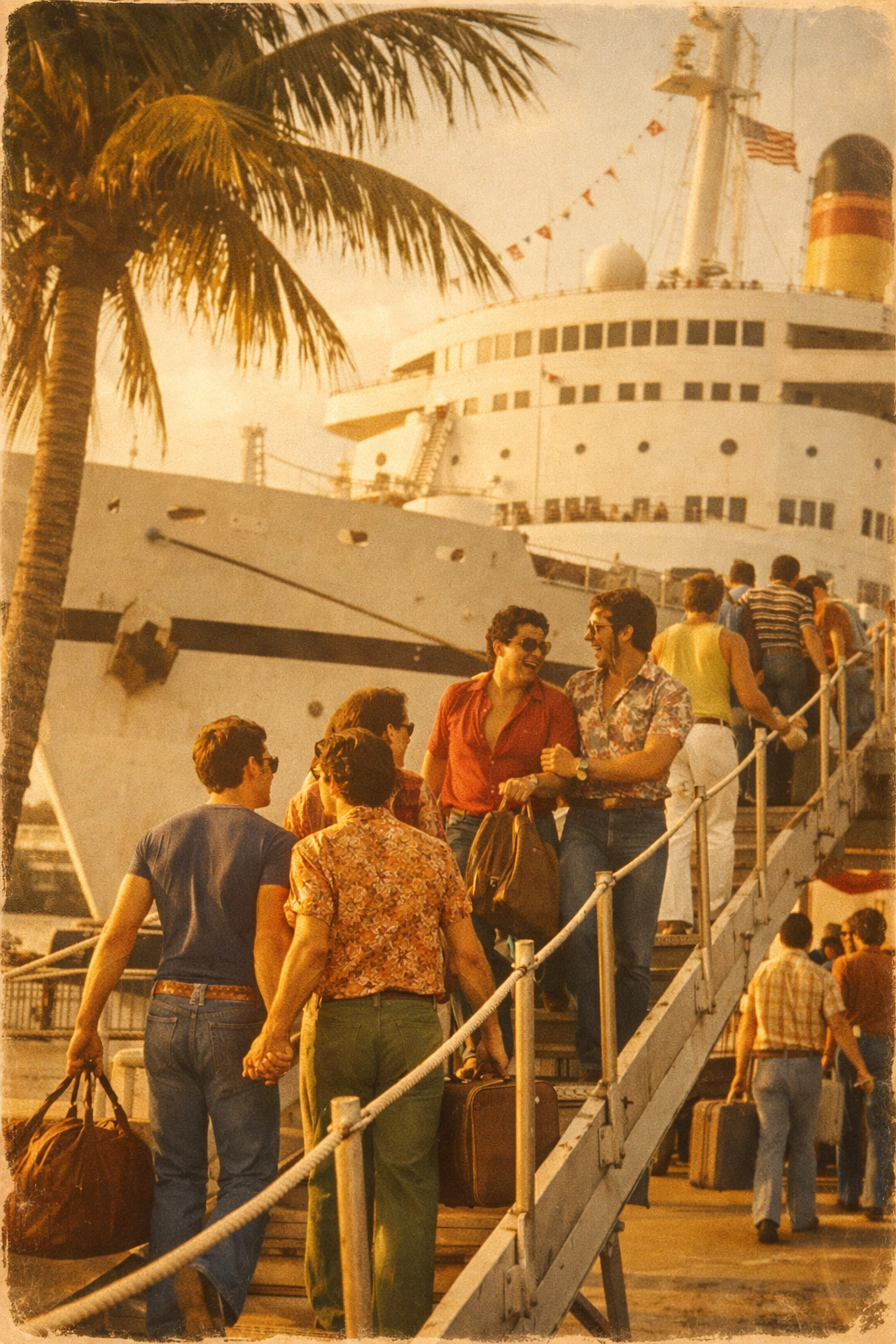 Gay men boarding the historic MS Renaissance cruise in 1974, the first documented LGBTQ+ cruise