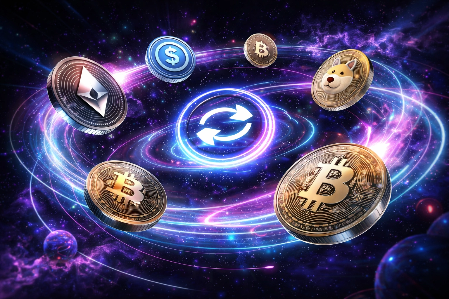 Multiple top cryptocurrencies including Ethereum, Bitcoin, USDC, and Dogecoin depicted swirling together, illustrating Larecoin's instant crypto swaps and support for 55+ coins.