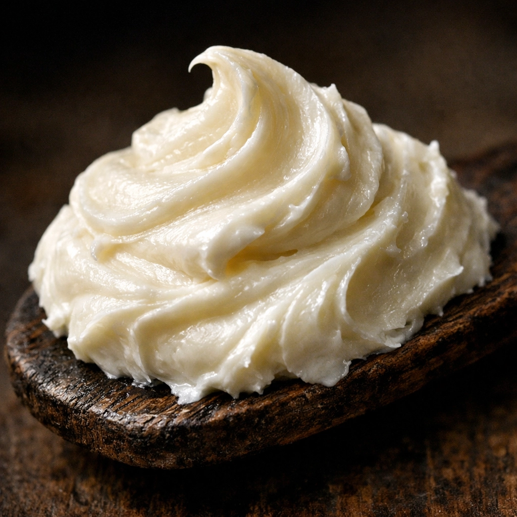 Creamy whipped beard butter on a wooden spatula showing the smooth texture for deep conditioning.