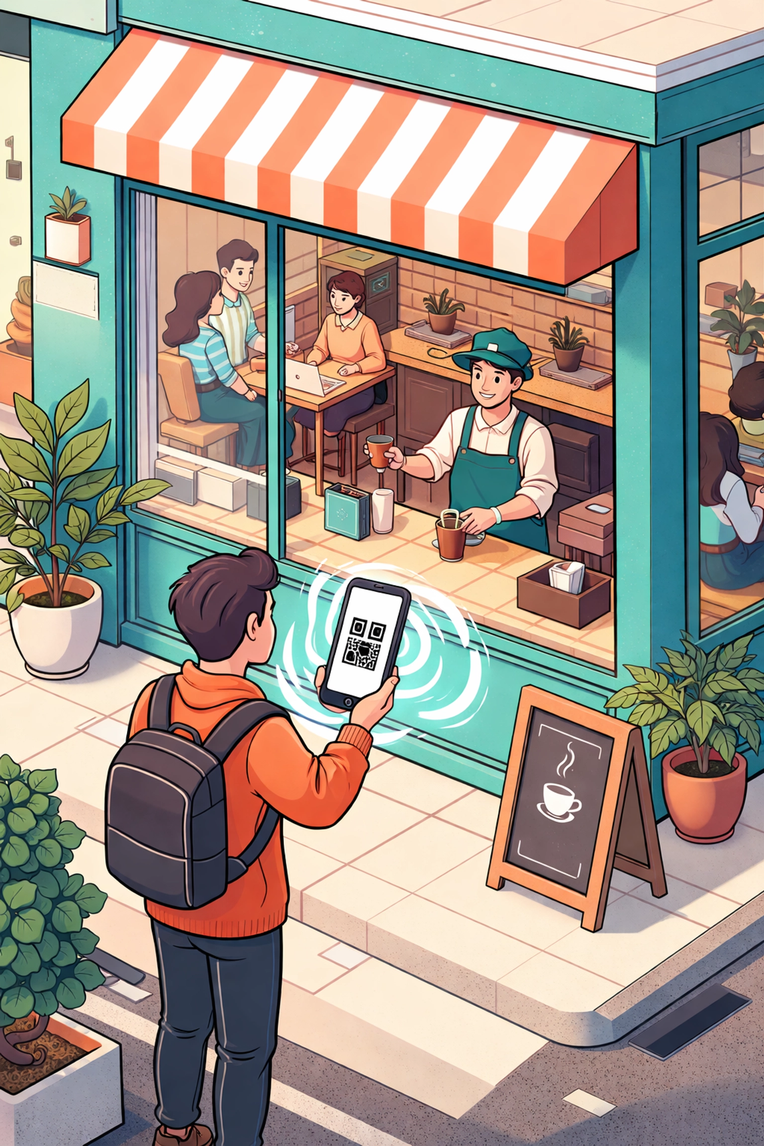 A coffee shop customer pays with a QR code, illustrating fast, simple crypto POS setup for small businesses with Larecoin.