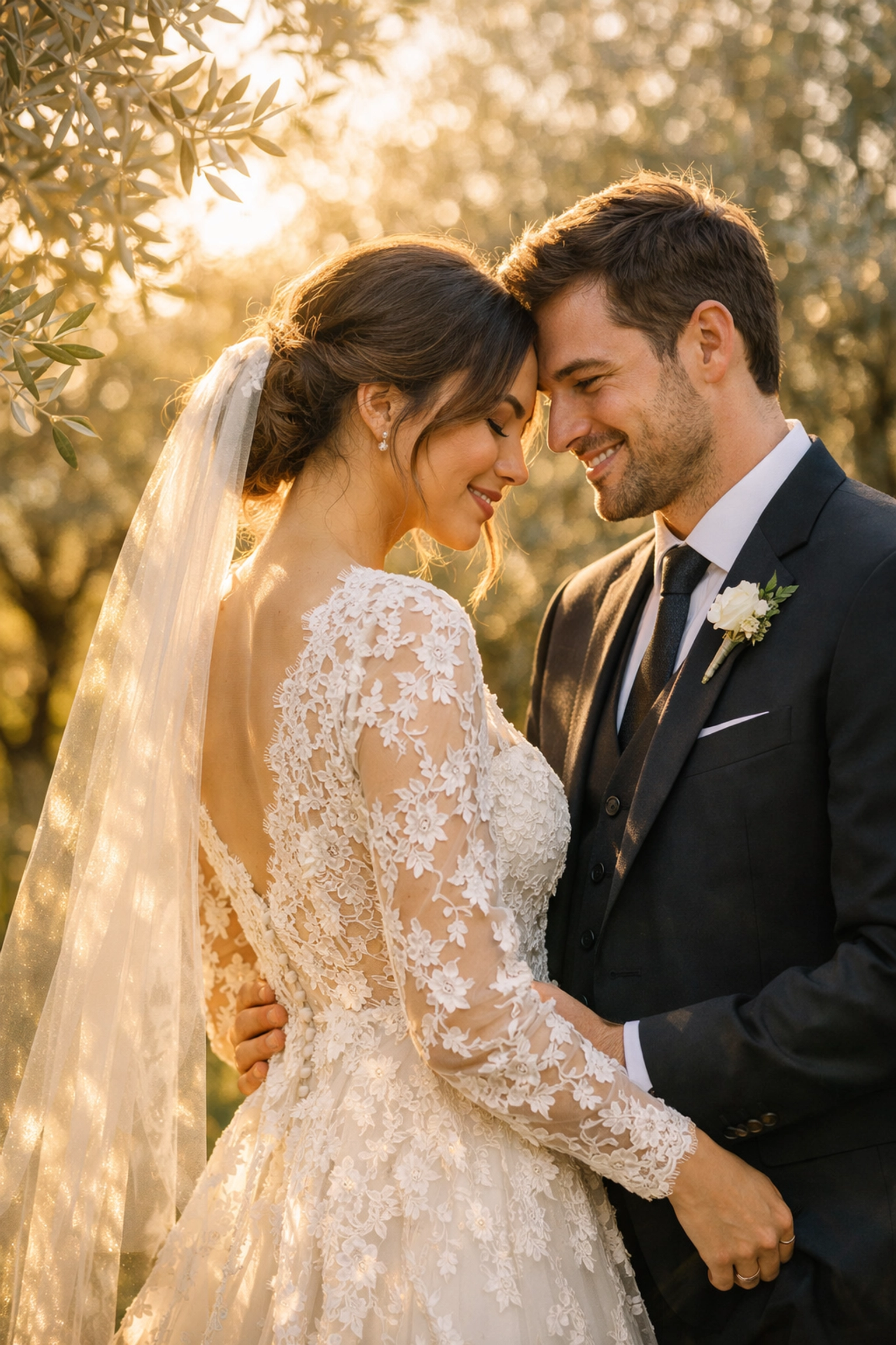 Crisp wedding photography of a couple in a sunlit grove, optimized for fast web loading.