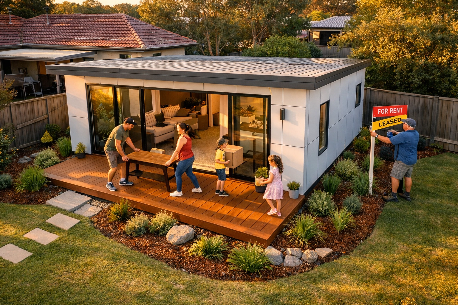 Modern modular granny flat installed in backyard with tenants moving in for rental income