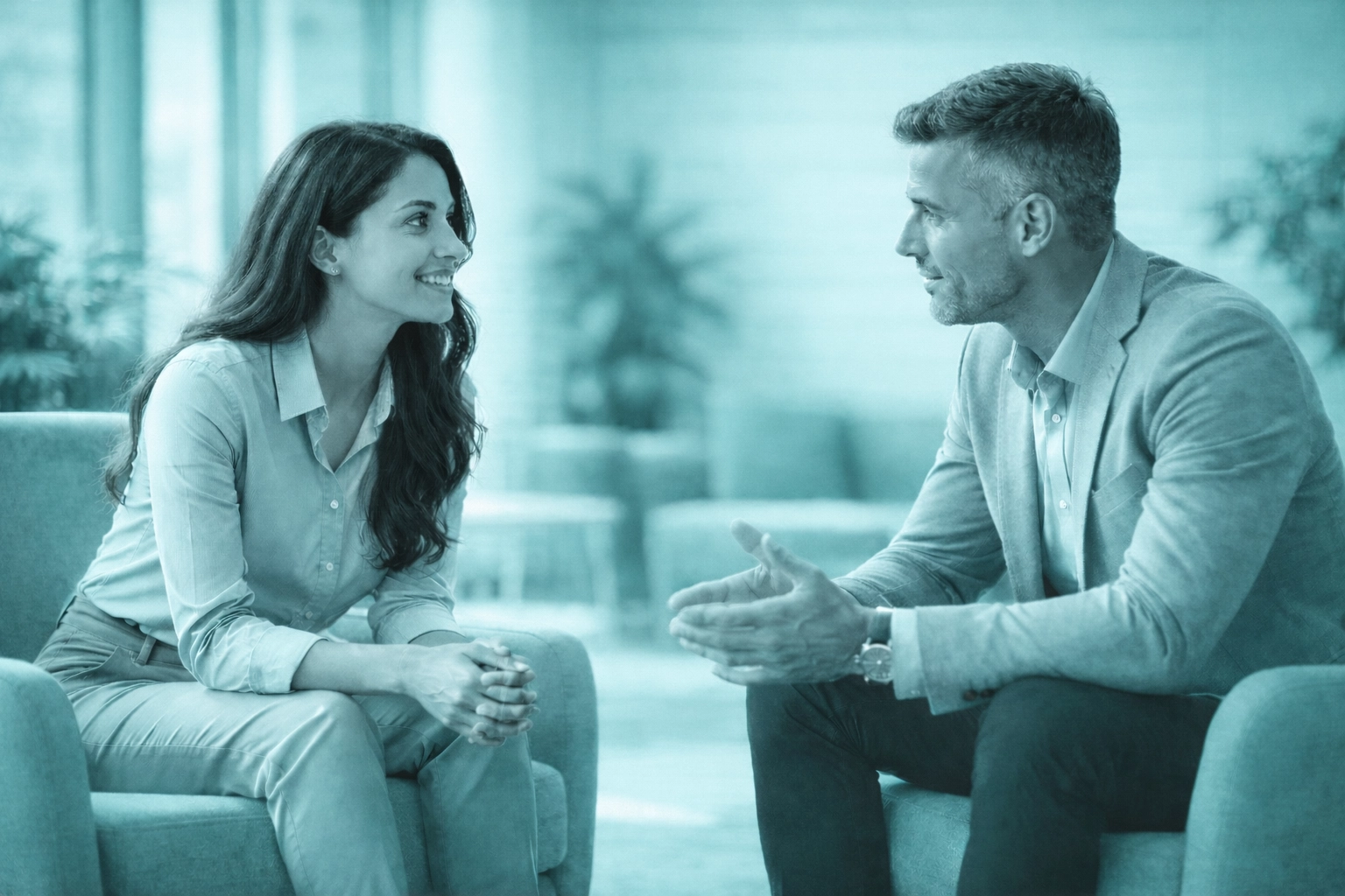 Two colleagues having an open, empathetic discussion to build trust during organizational change