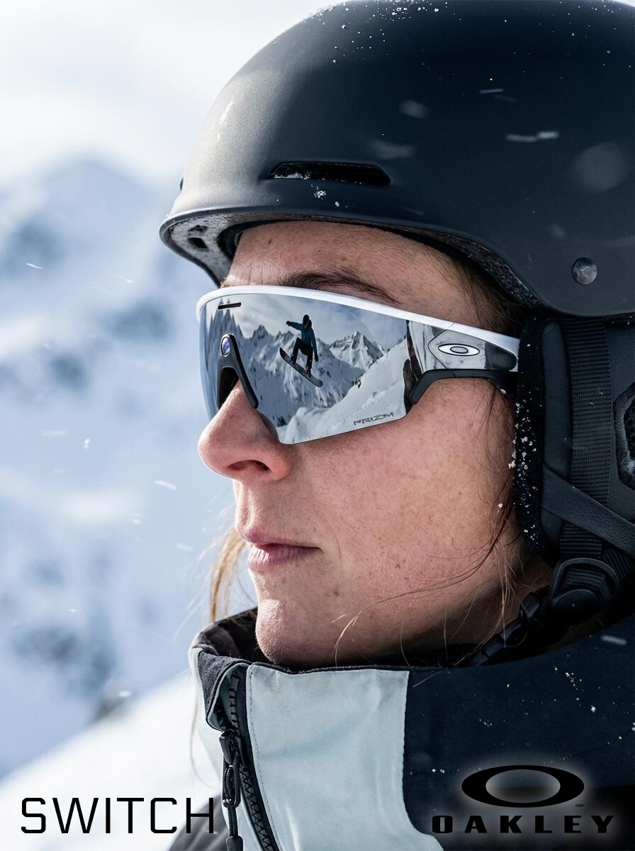 Winter sports AI photo booth effect with a snowboarder jumping in the reflection of mirrored Oakley lenses.