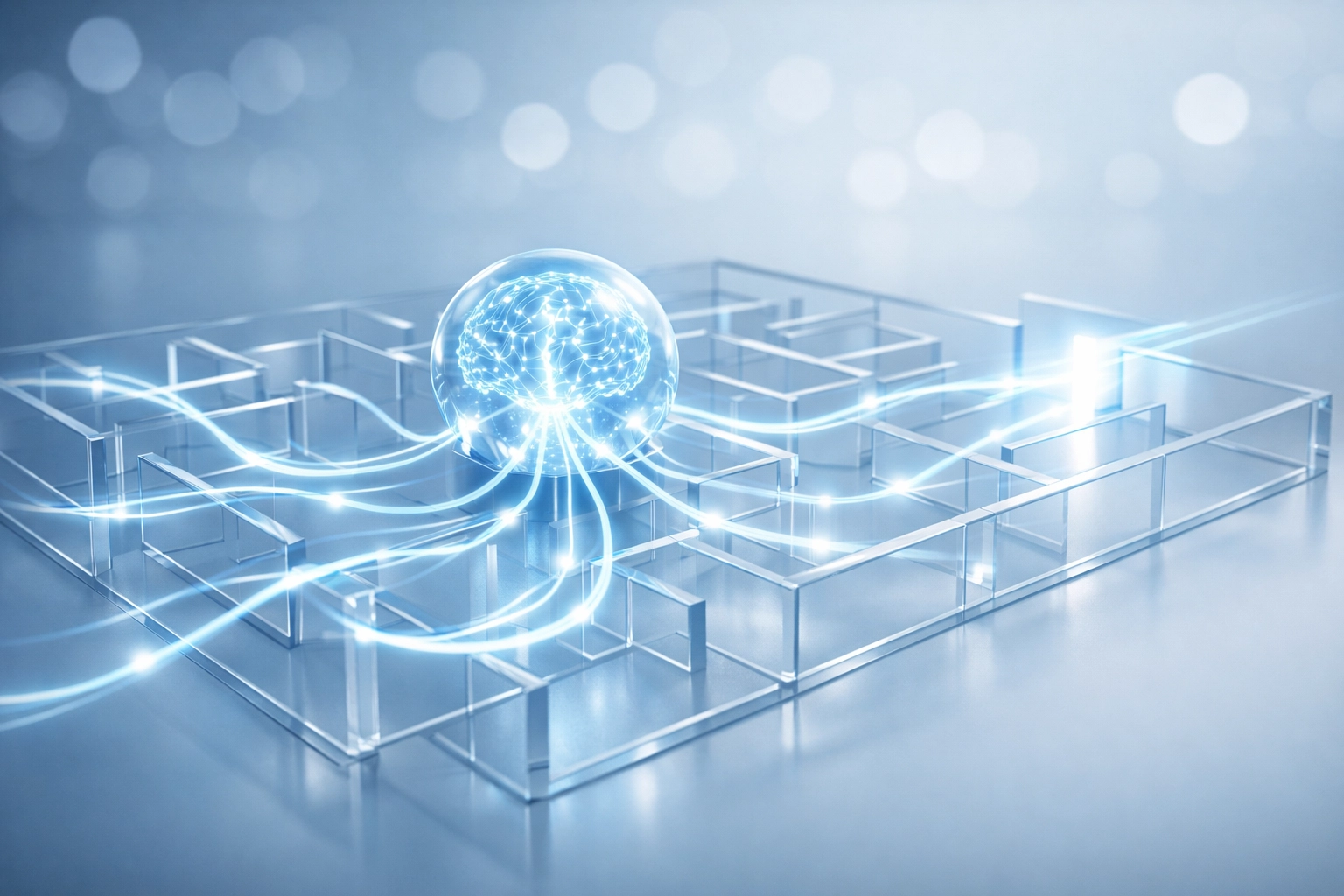 Agentic AI core navigating a complex labyrinth to represent autonomous operational decision-making.