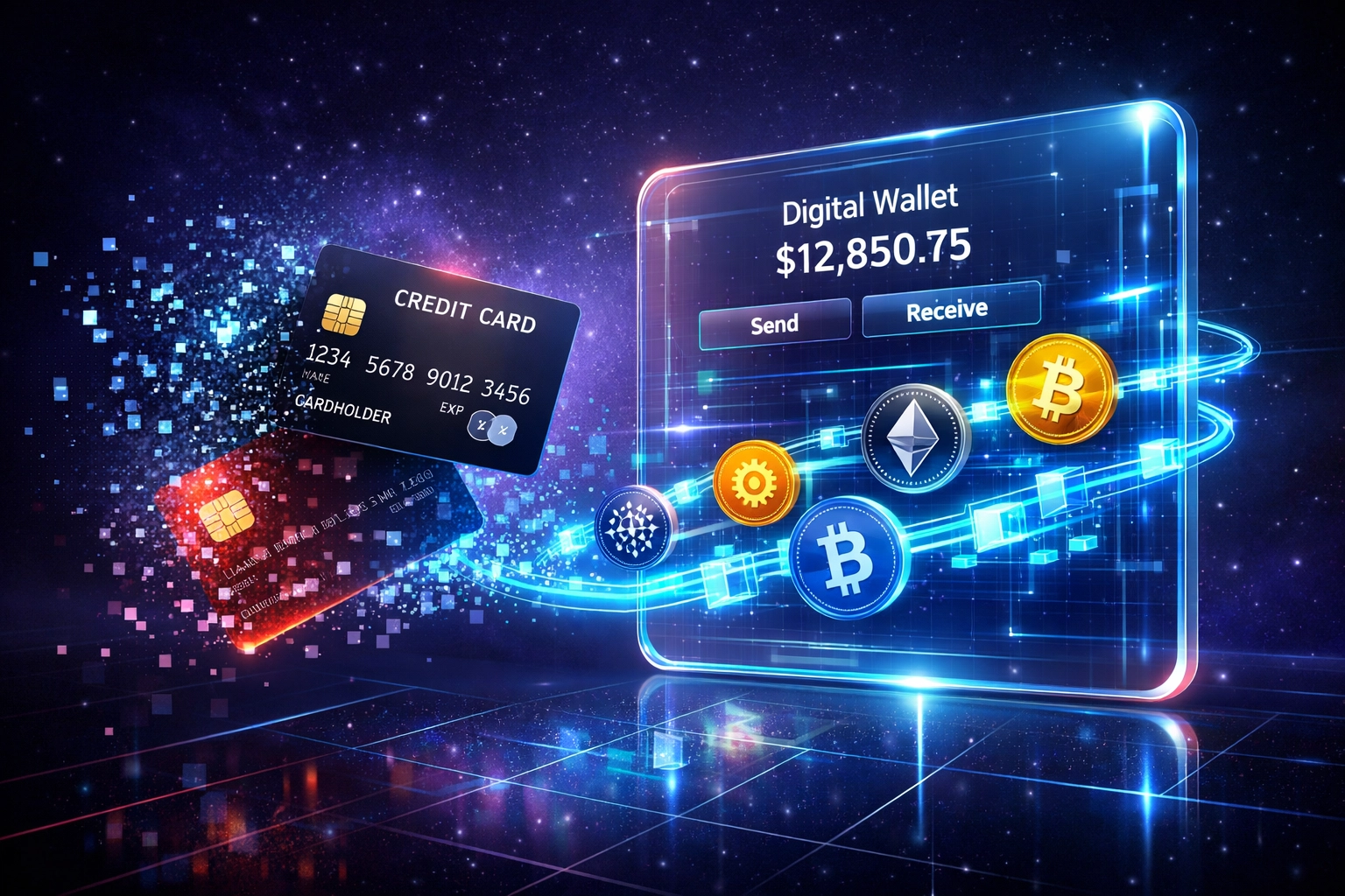 Blockchain payment interface with cryptocurrency tokens replacing traditional credit cards