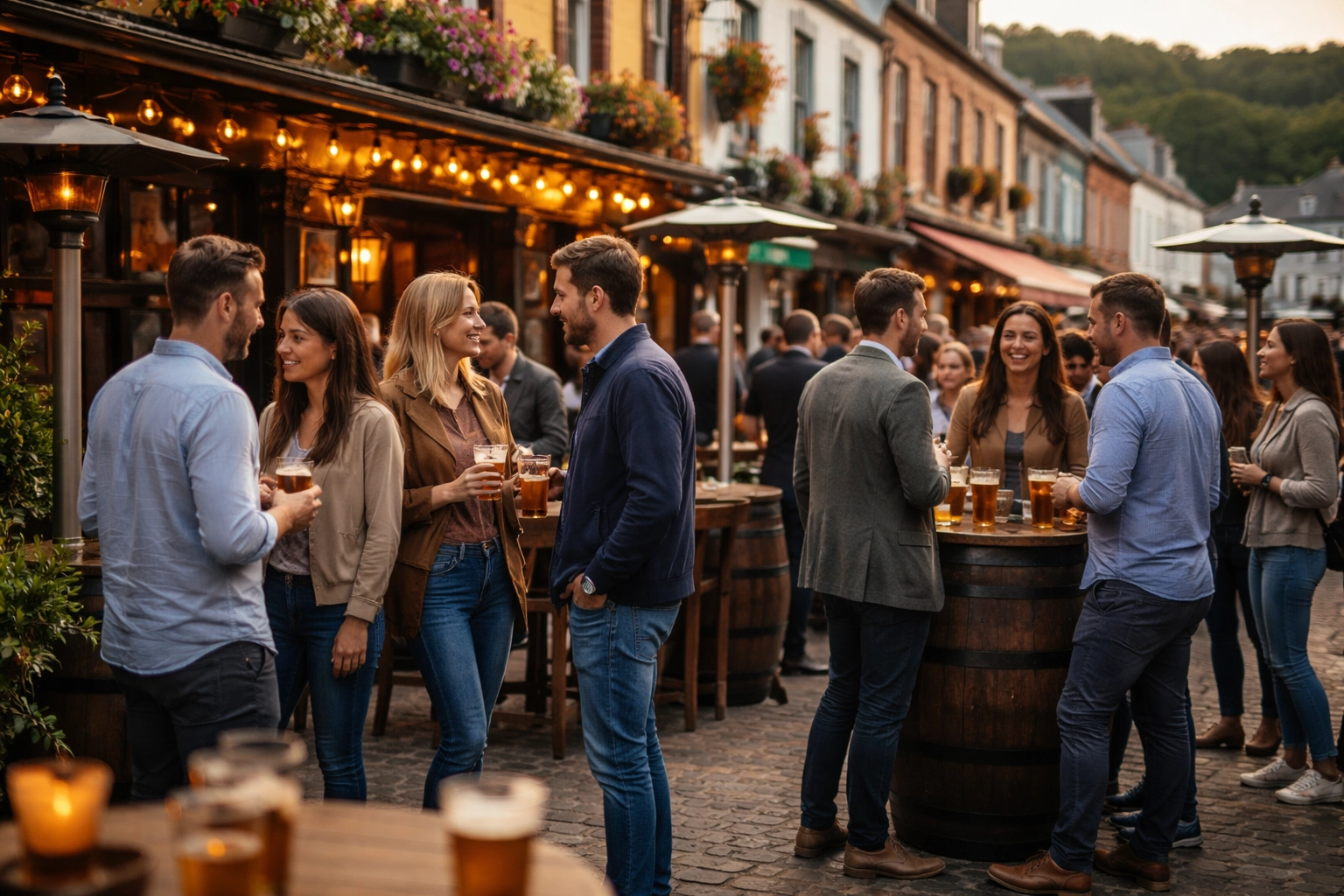 People chatting in a lively street-style beer garden outside a traditional Irish pub in Kenmare