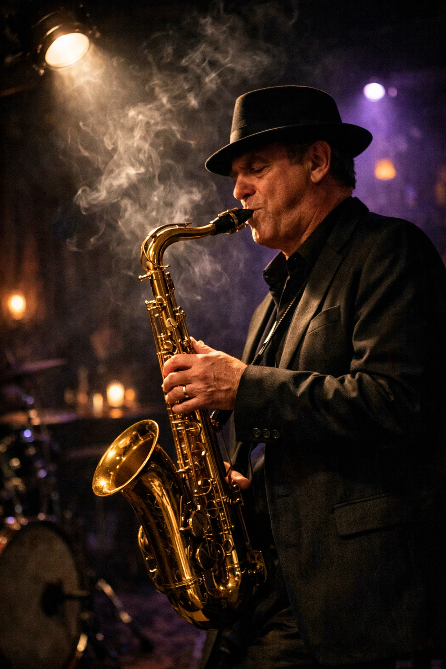 A sharp low-light photo of a jazz musician showing high ISO performance in manual mode.