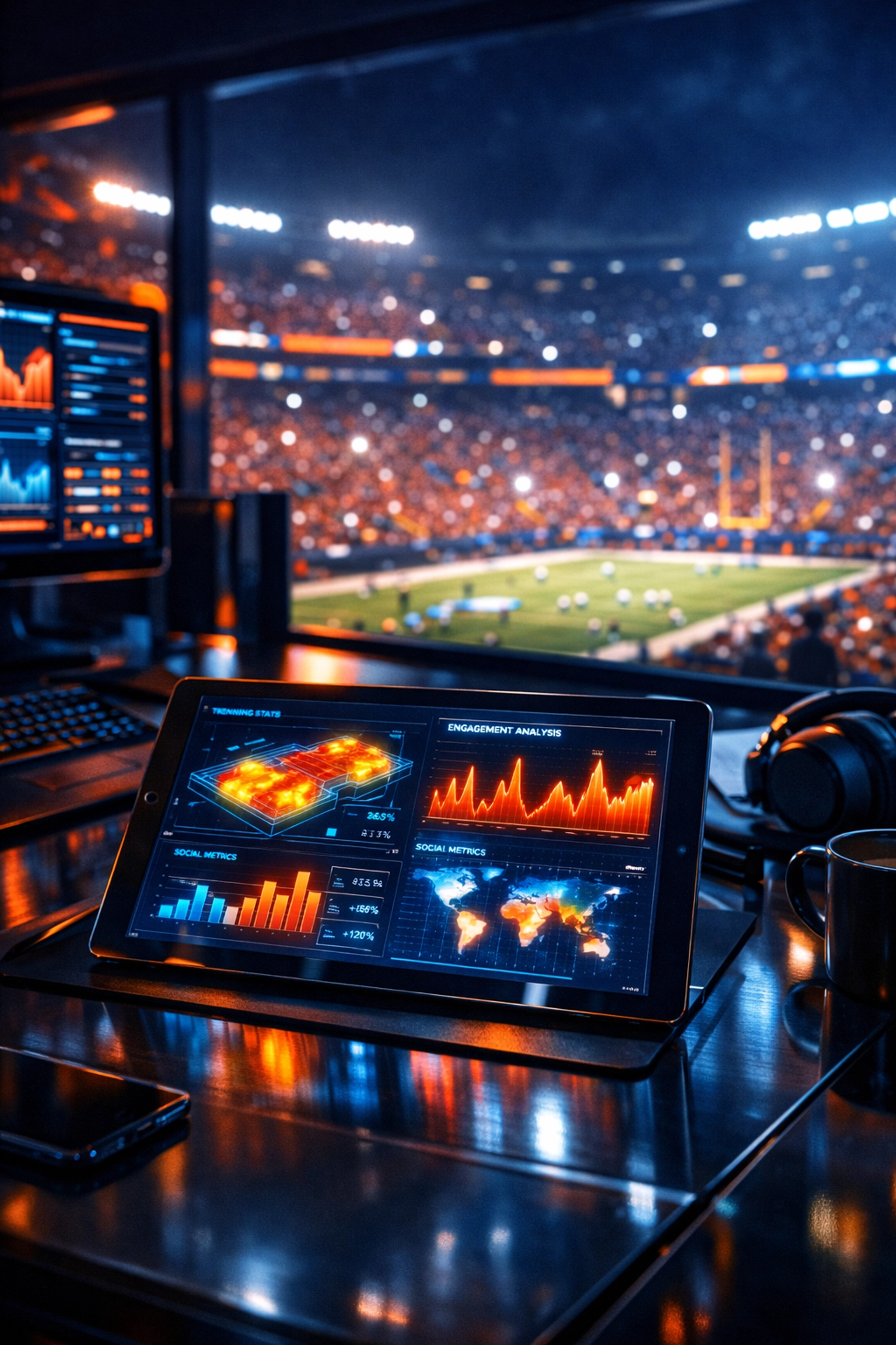 Digital marketing command center with high-tech analytics tracking athlete engagement and NIL performance.