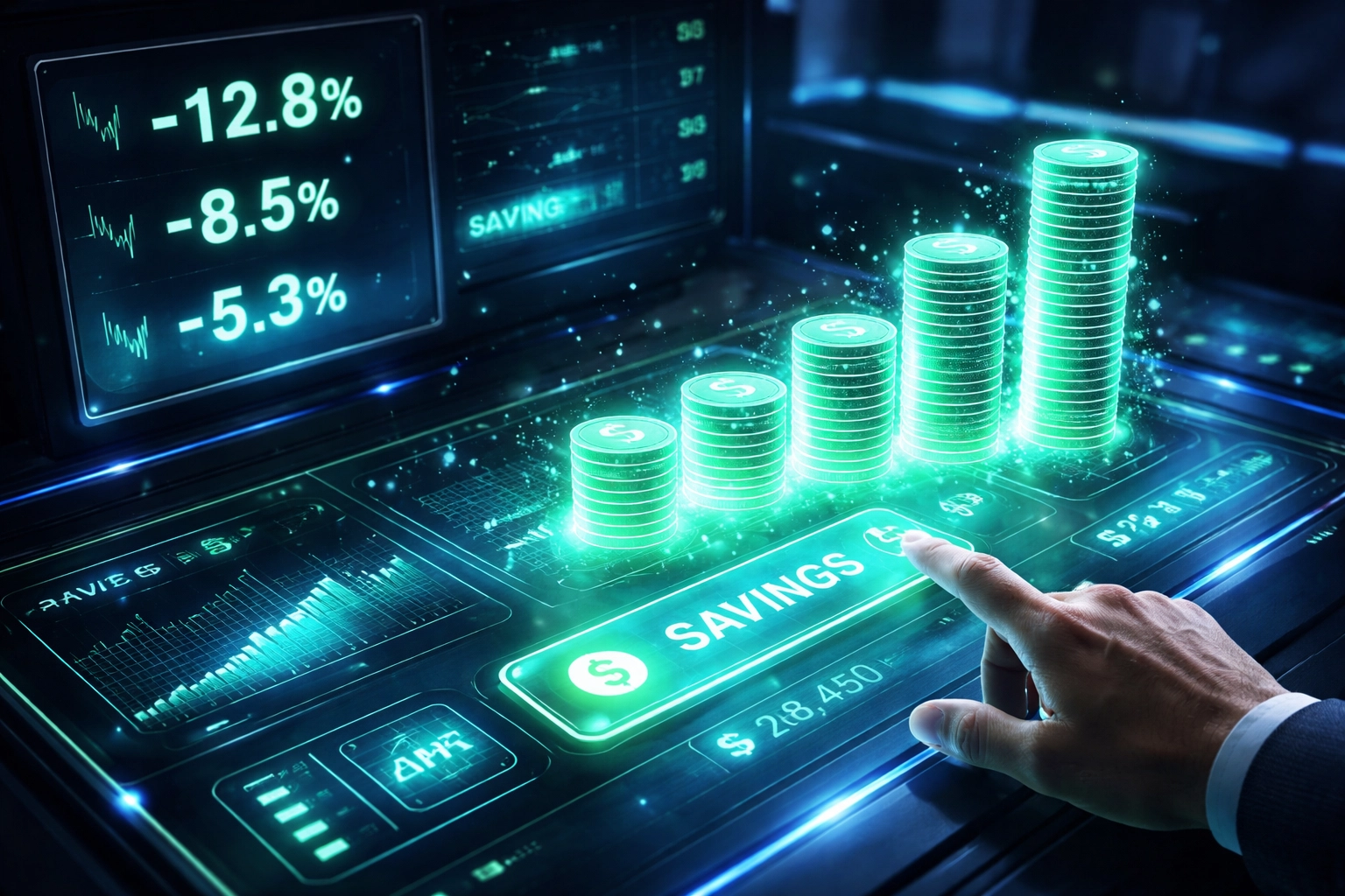 Digital dashboard with highlighted merchant savings and cryptocurrency transaction flows, illustrating reduced merchant interchange fees with Larecoin global payments.