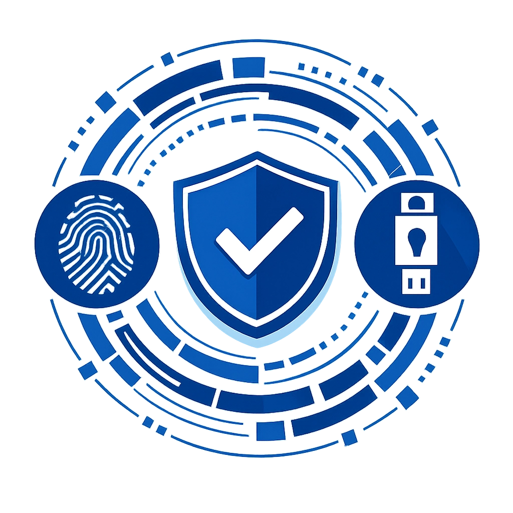 Security shield icon with biometric and hardware key symbols representing layered multi-factor authentication