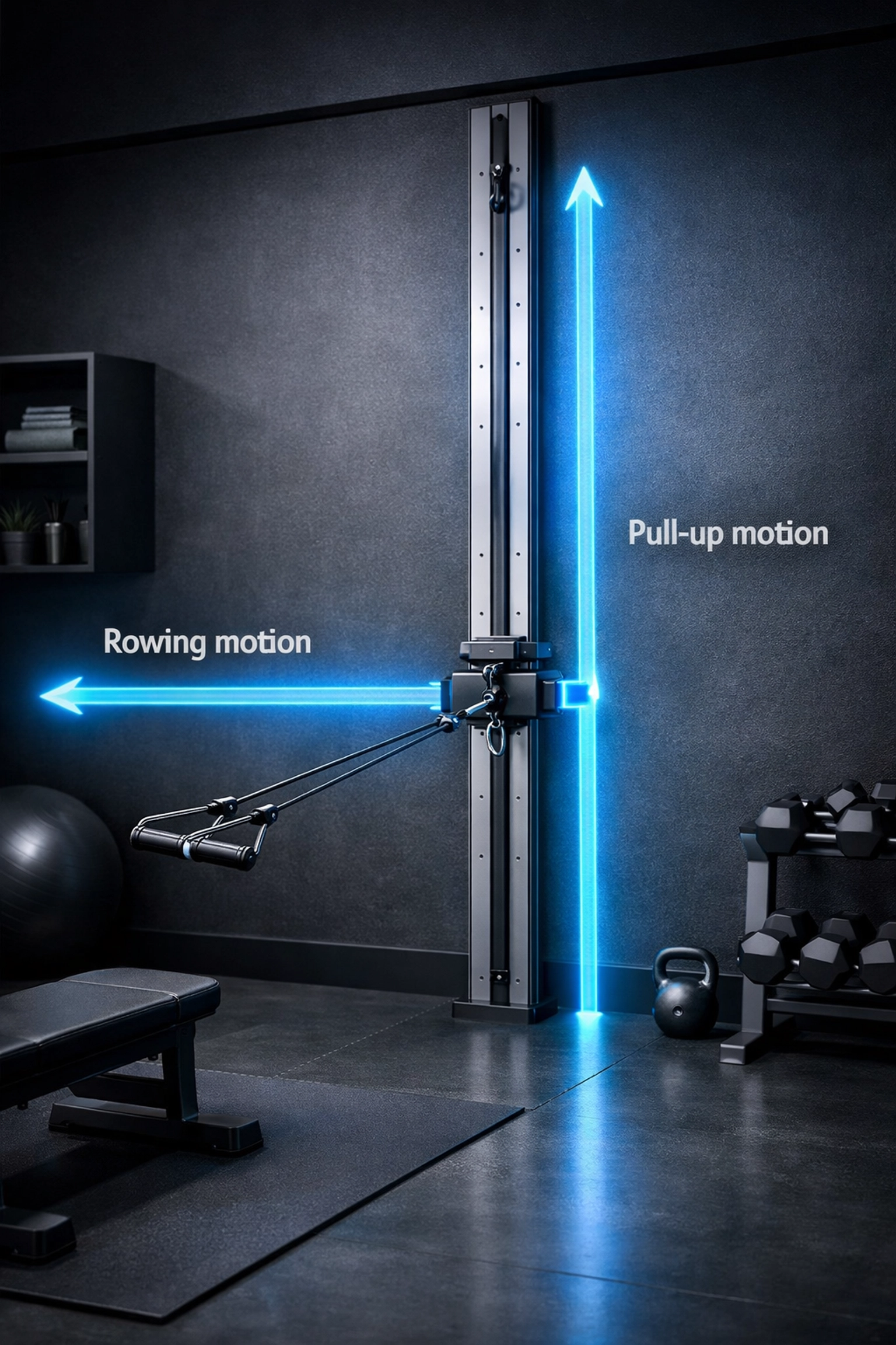 Versatile home gym rail showing adjustable anchor points for vertical pull-ups and horizontal rows.