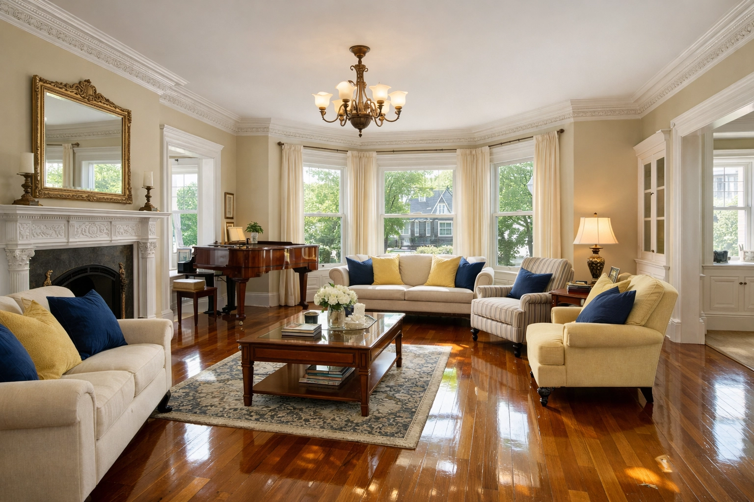 Spotless Victorian living room in Worcester MA after professional house cleaning services.