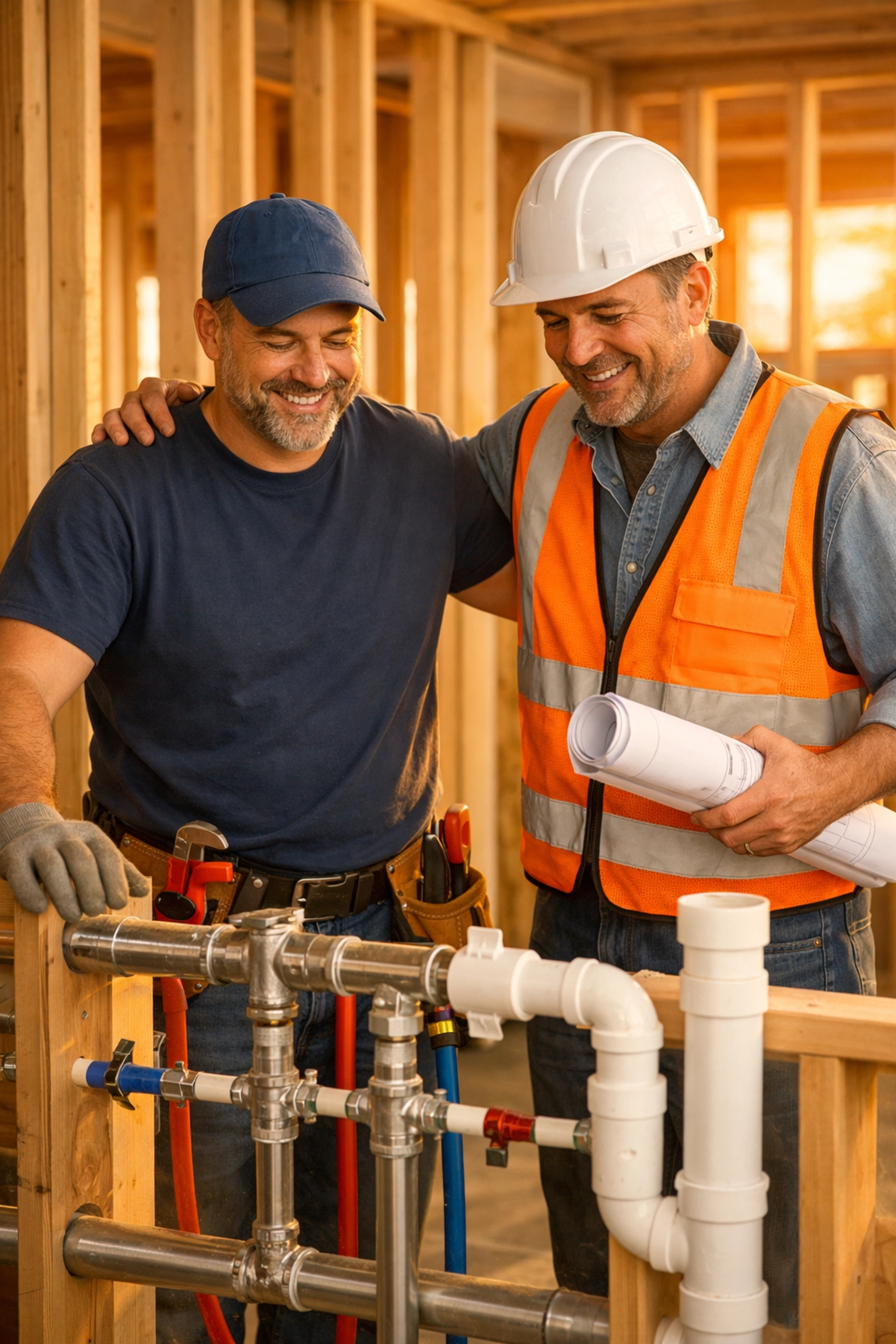 Professional plumber and site foreman reviewing a successful new construction plumbing rough-in.