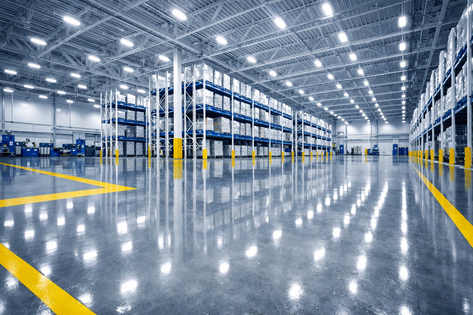 Polished concrete floors in a clean industrial warehouse with dust-free storage racks.