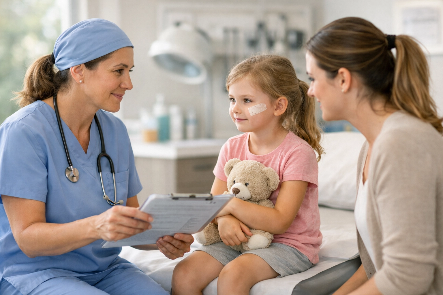 Doctor discussing recovery and dog bite scarring compensation for a child injured in a dog attack.