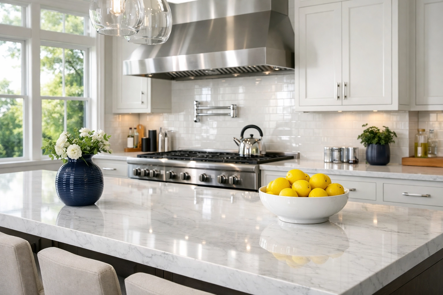 Professional deep cleaning in a Westford kitchen with a spotless marble island and gleaming appliances.