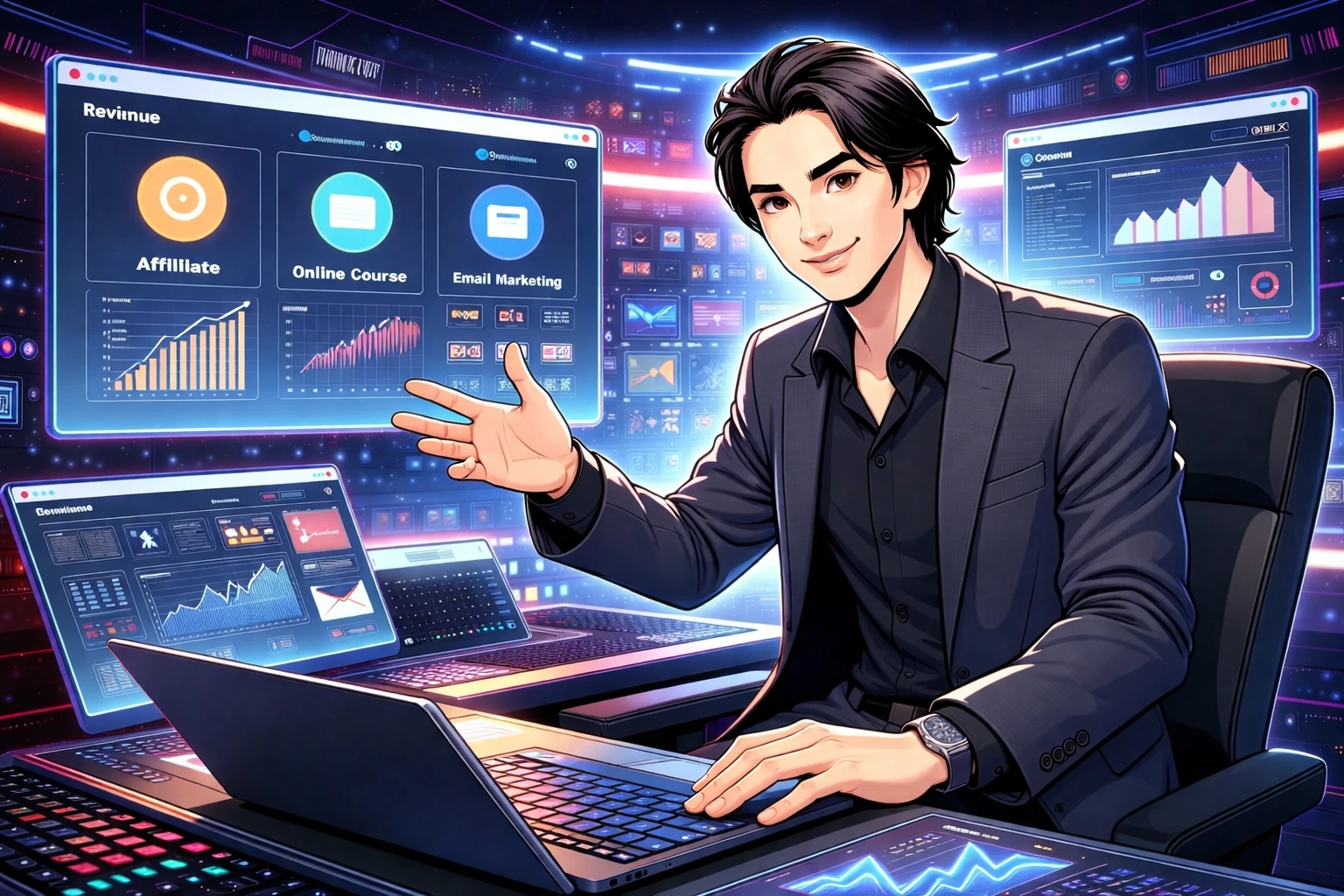 Simon Leung managing multiple online income streams and dashboards from a high-tech command center