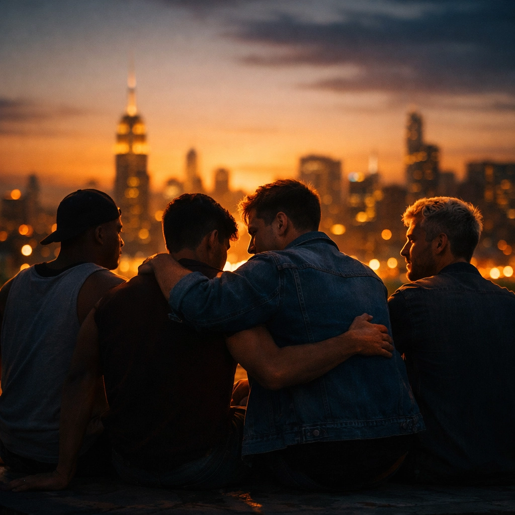 Four friends on rooftop at sunset representing male friendship and queer love in A Little Life