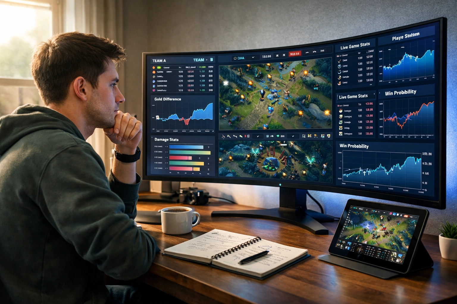 Professioneller eSports-Wetter analysiert Datenströme und Match-Statistiken am Computer