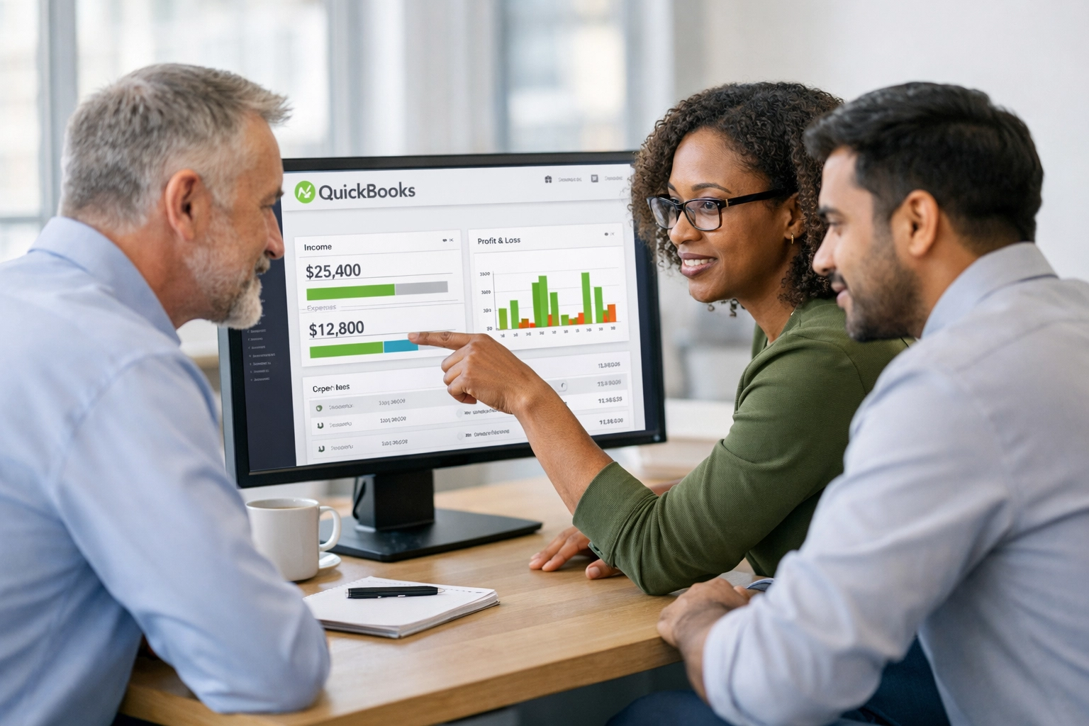 Professional bookkeeping team collaborating on QuickBooks for small business clients