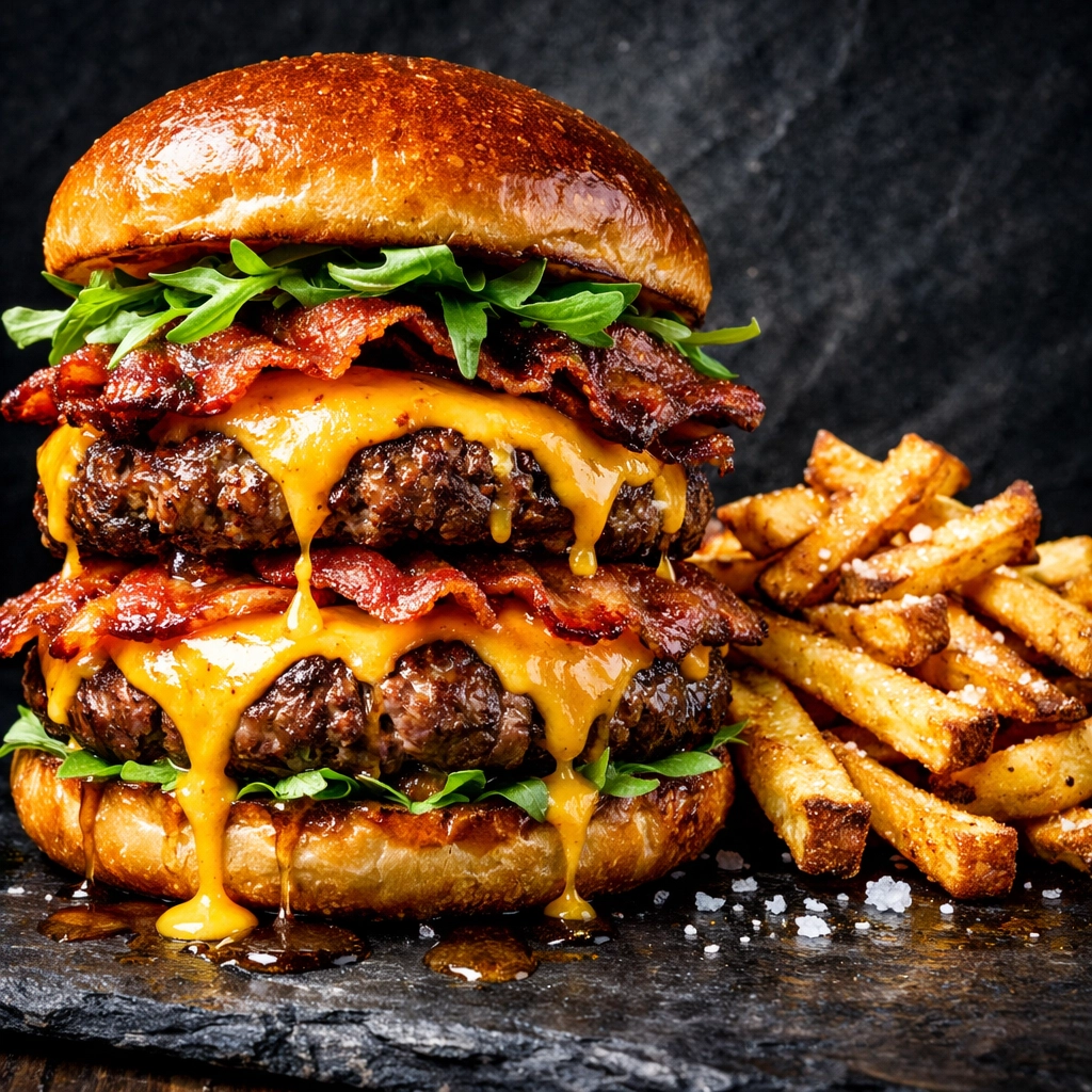 Large double bacon cheeseburger with fries from an SLC food truck offering big portions.