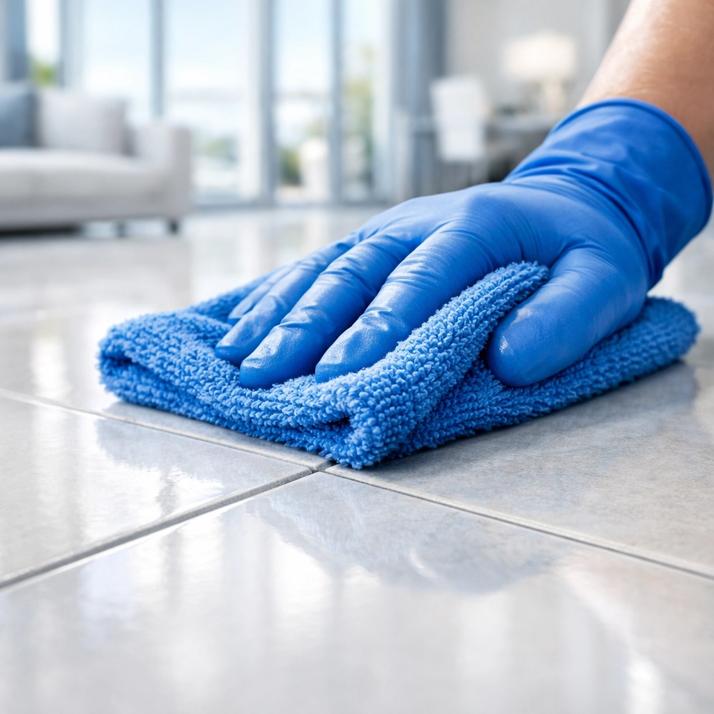 Professional cleaning of new porcelain tiles using a microfiber cloth to remove post-construction dust.