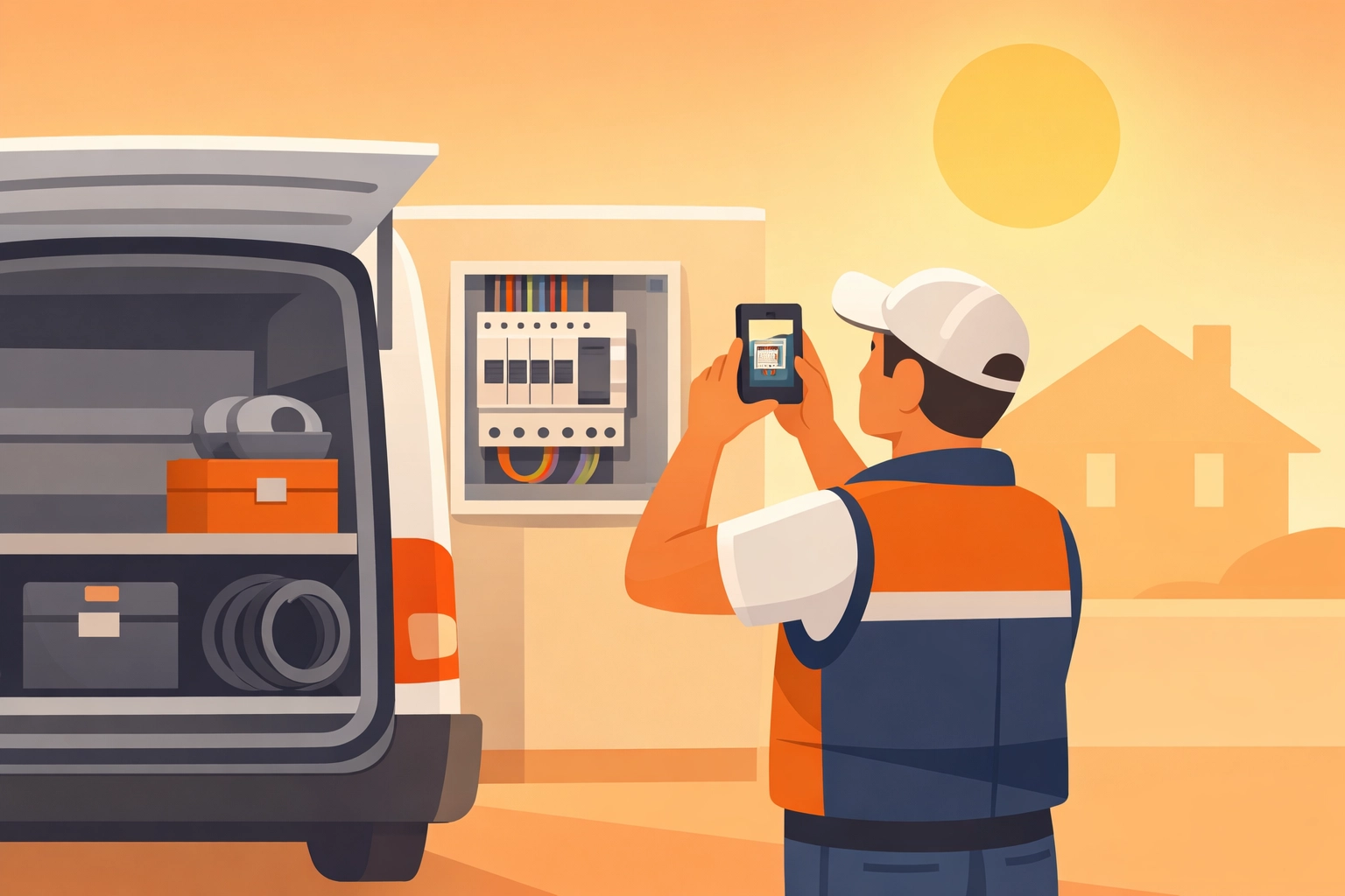 Service technician using a contractor photo app to document an electrical panel installation on-site.