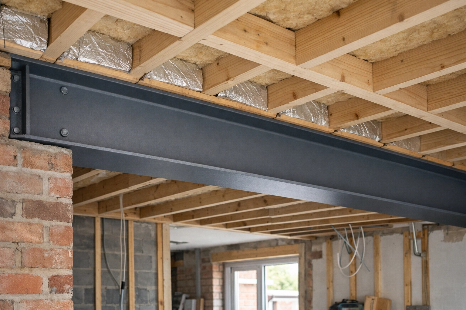 Modern structural engineering with RSJ installation and timber joists for a Surrey home extension.