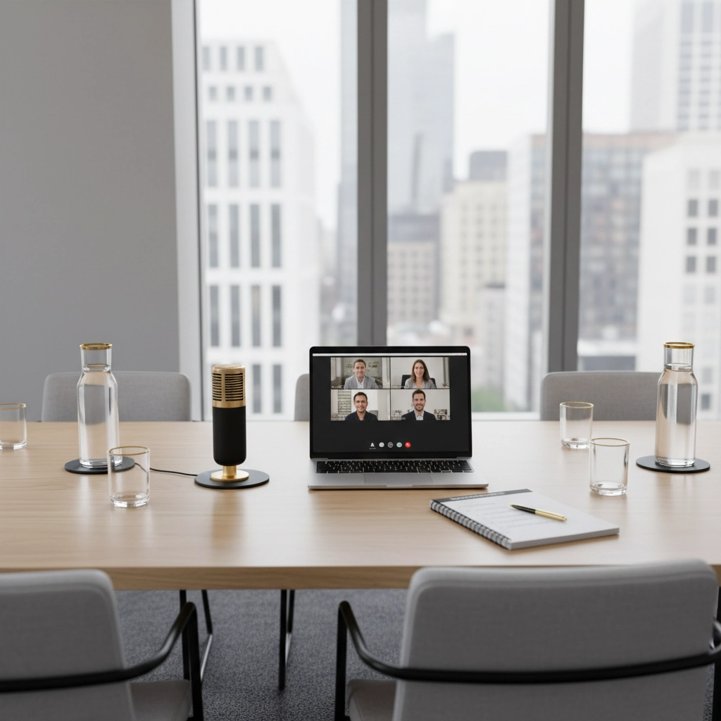 Laptop on conference table in office, displaying video call with four people. Microphone, notepad, water bottles present; cityscape view.